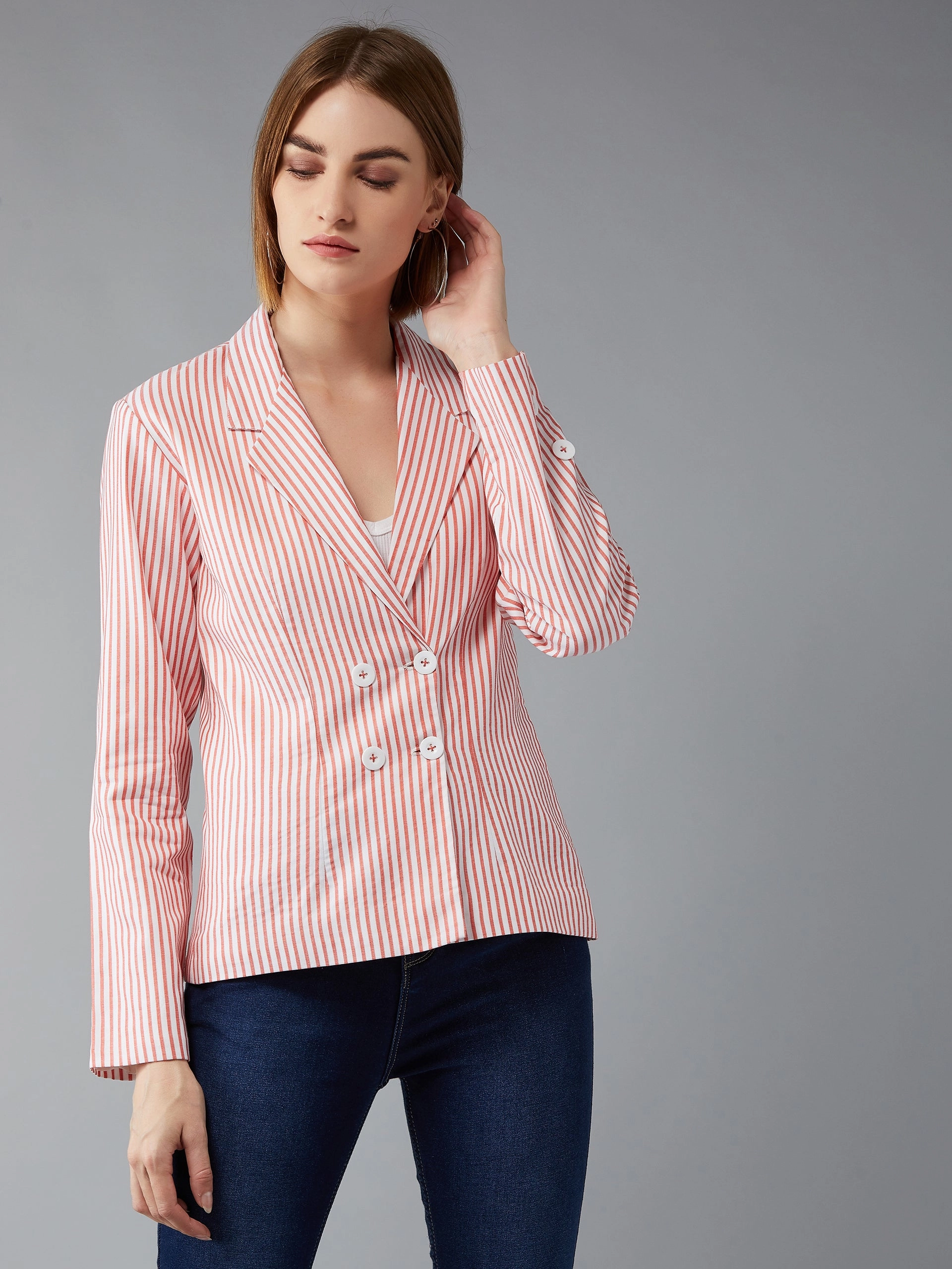 Women's Orange and White Collared Full Sleeves Striped Regular Length Notched Jacket TapedSeamConstruction
