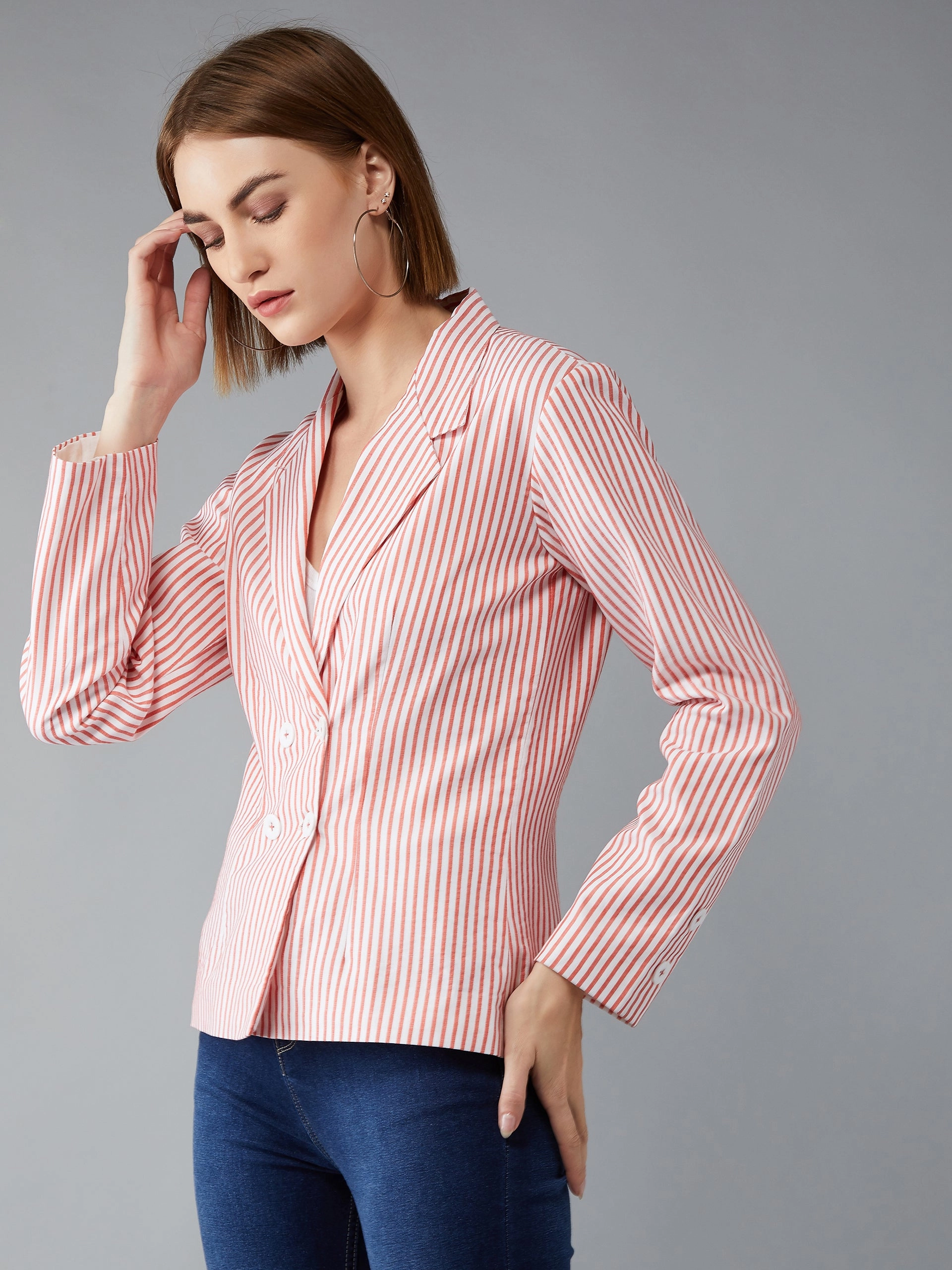 Women's Orange and White Collared Full Sleeves Striped Regular Length Notched Jacket Layered Cuff System Button Closure