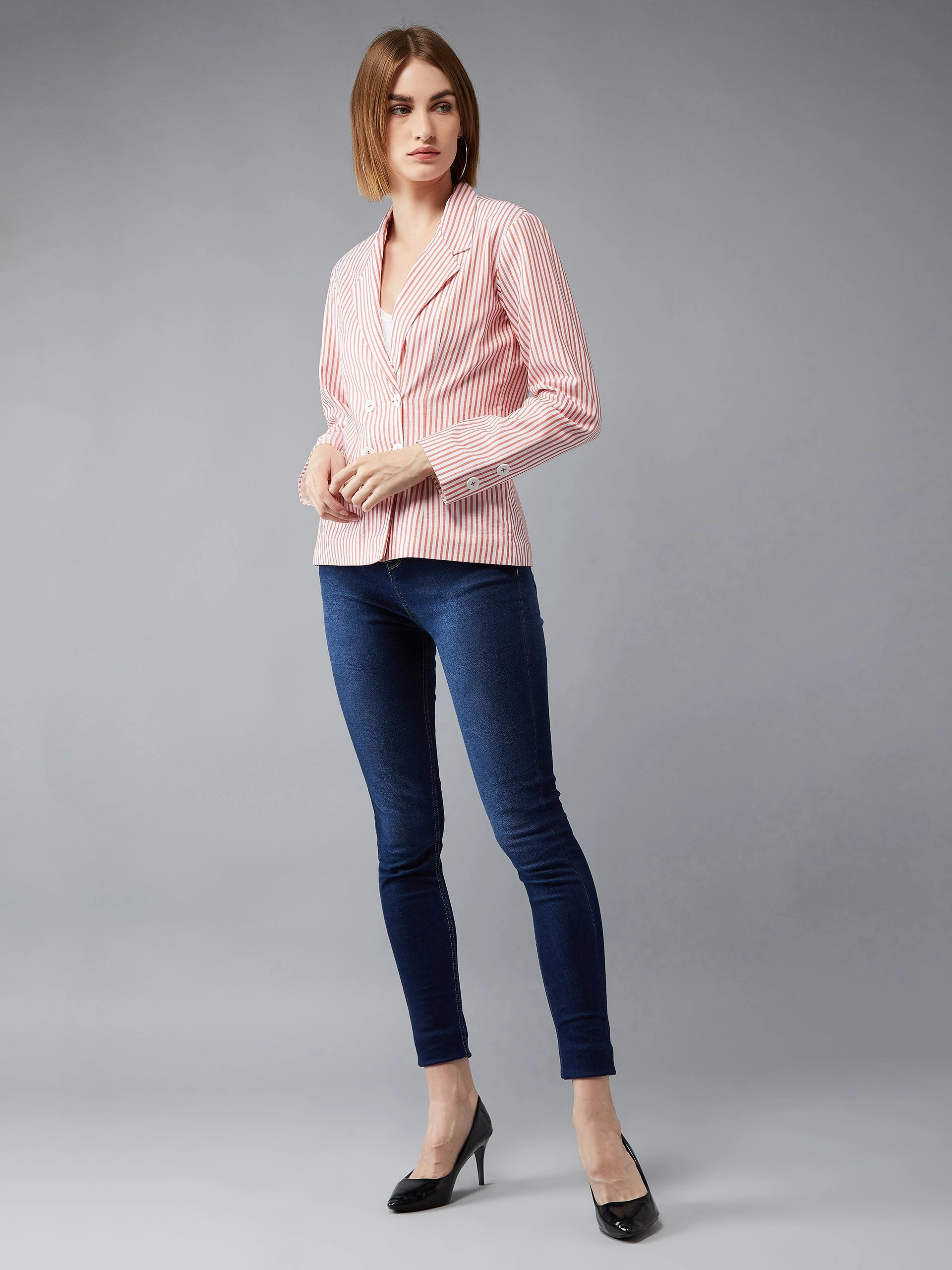 Convertible Cuff System Mold Resistant Coating Women's Orange and White Collared Full Sleeves Striped Regular Length Notched Jacket