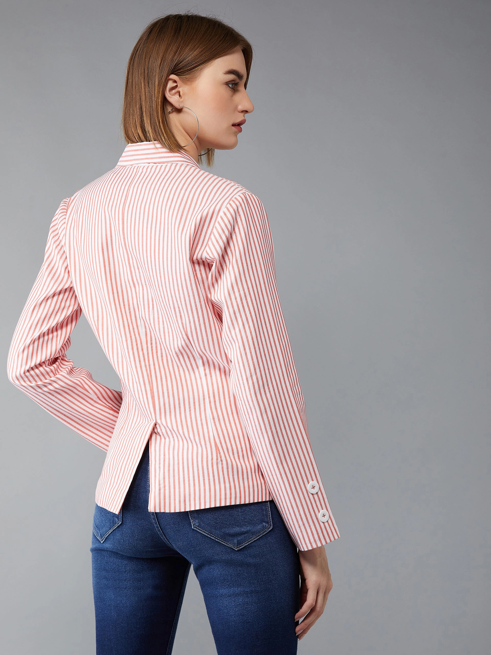 Durable AbrasionResistant Panels Women's Orange and White Collared Full Sleeves Striped Regular Length Notched Jacket