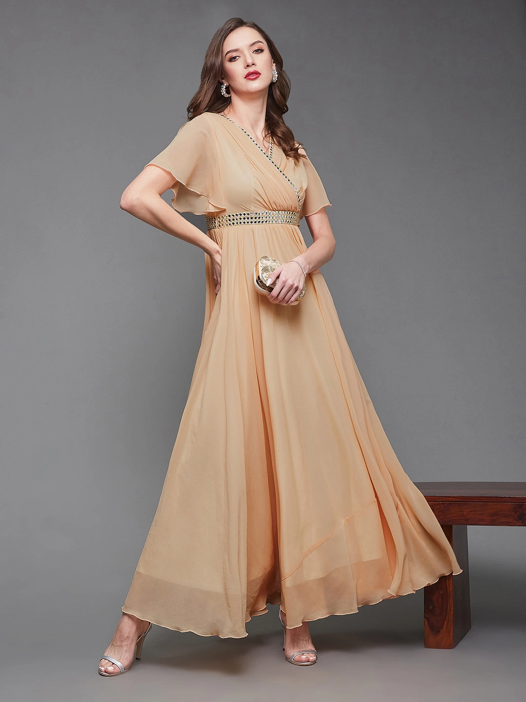 Women's Peach V-Neck Flared Georgette Solid Fit & Flare Maxi Dress Smooth Drape