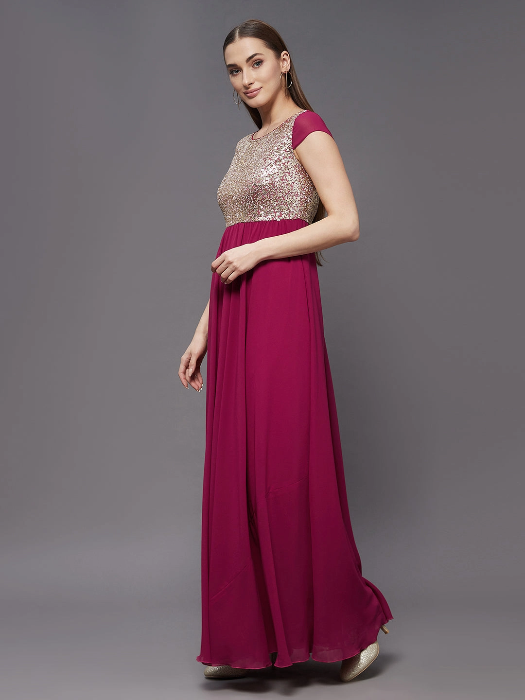 Women's Pink & Golden Round Neck Cap Sleeve Embellished Fit & Flare Maxi Dress Summer Mood