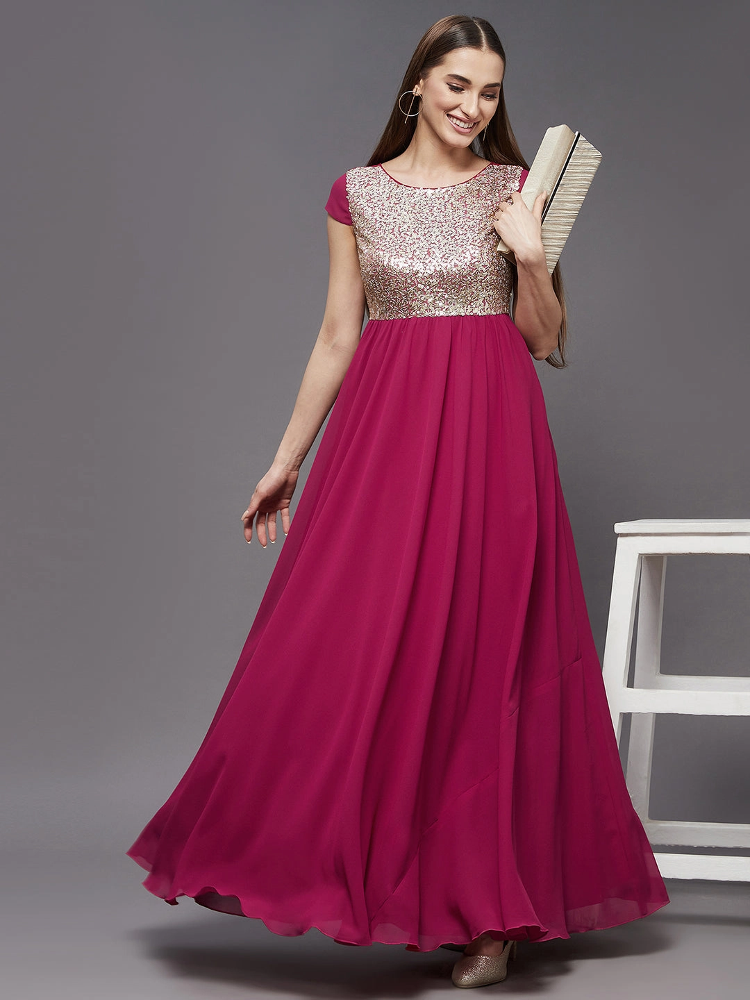 Women's Pink & Golden Round Neck Cap Sleeve Embellished Fit & Flare Maxi Dress Luxurious Feel