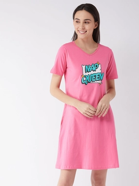 Dreamy Touch Stylish Appeal Women's Pink Knee Length Short Sleeves V-Neck Printed Dress