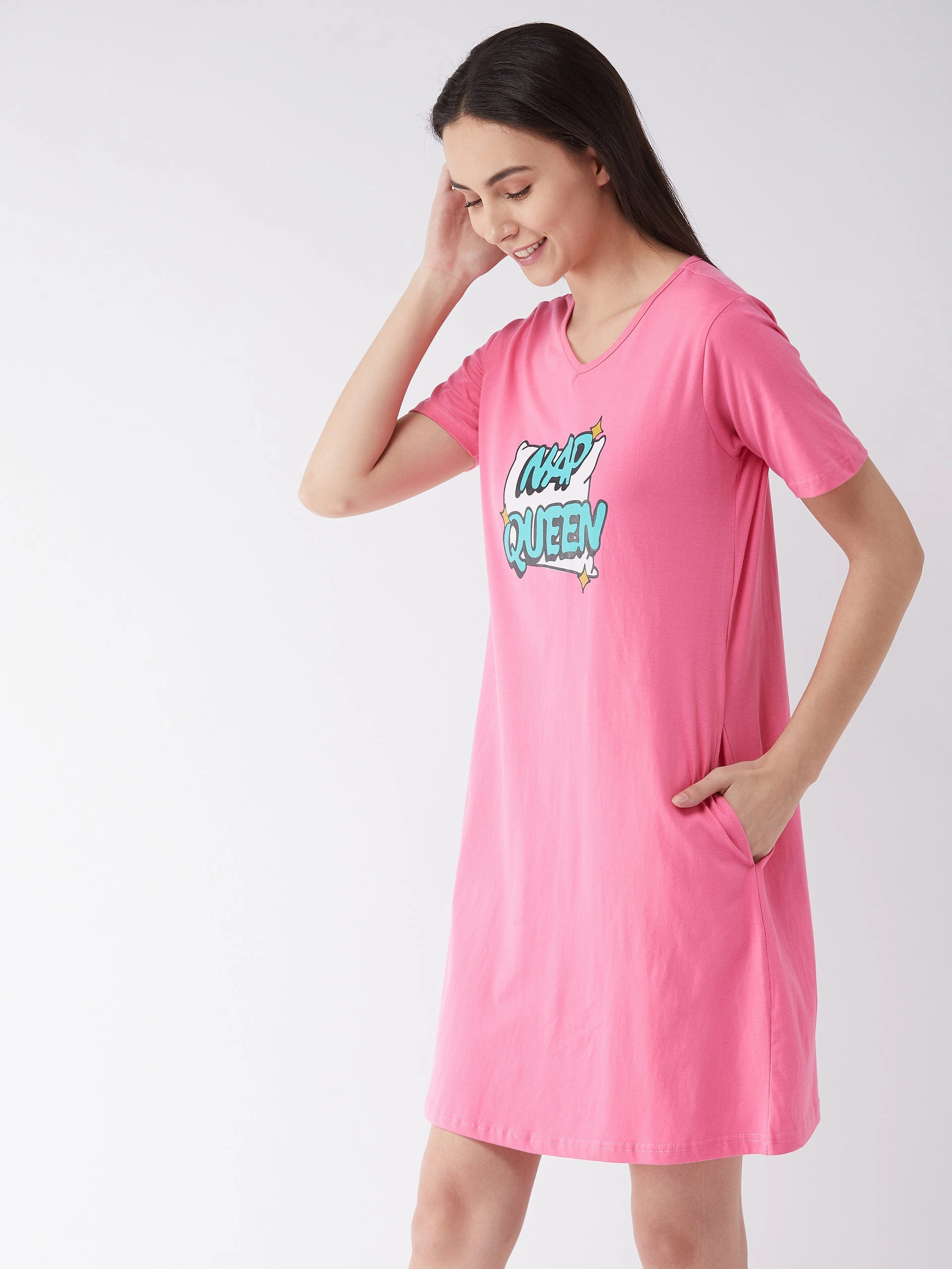 Kimono-Sleeve Metallic-Shine Women's Pink Knee Length Short Sleeves V-Neck Printed Dress