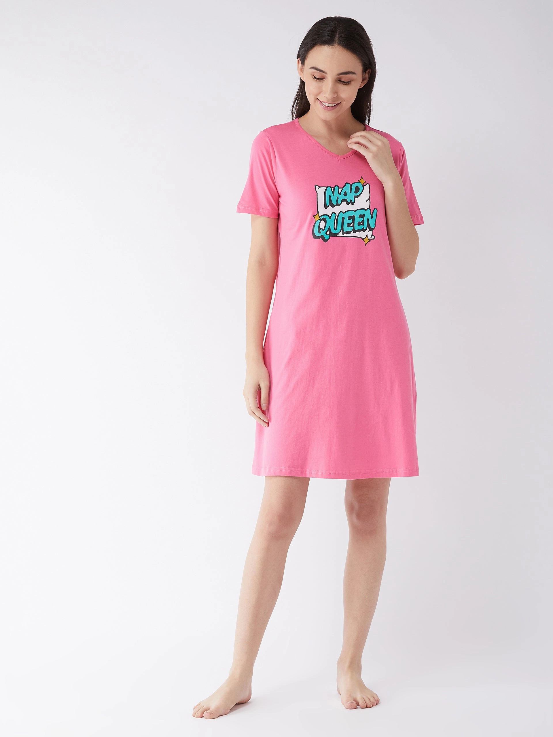 Water-resistant Flattering Layer Women's Pink Knee Length Short Sleeves V-Neck Printed Dress