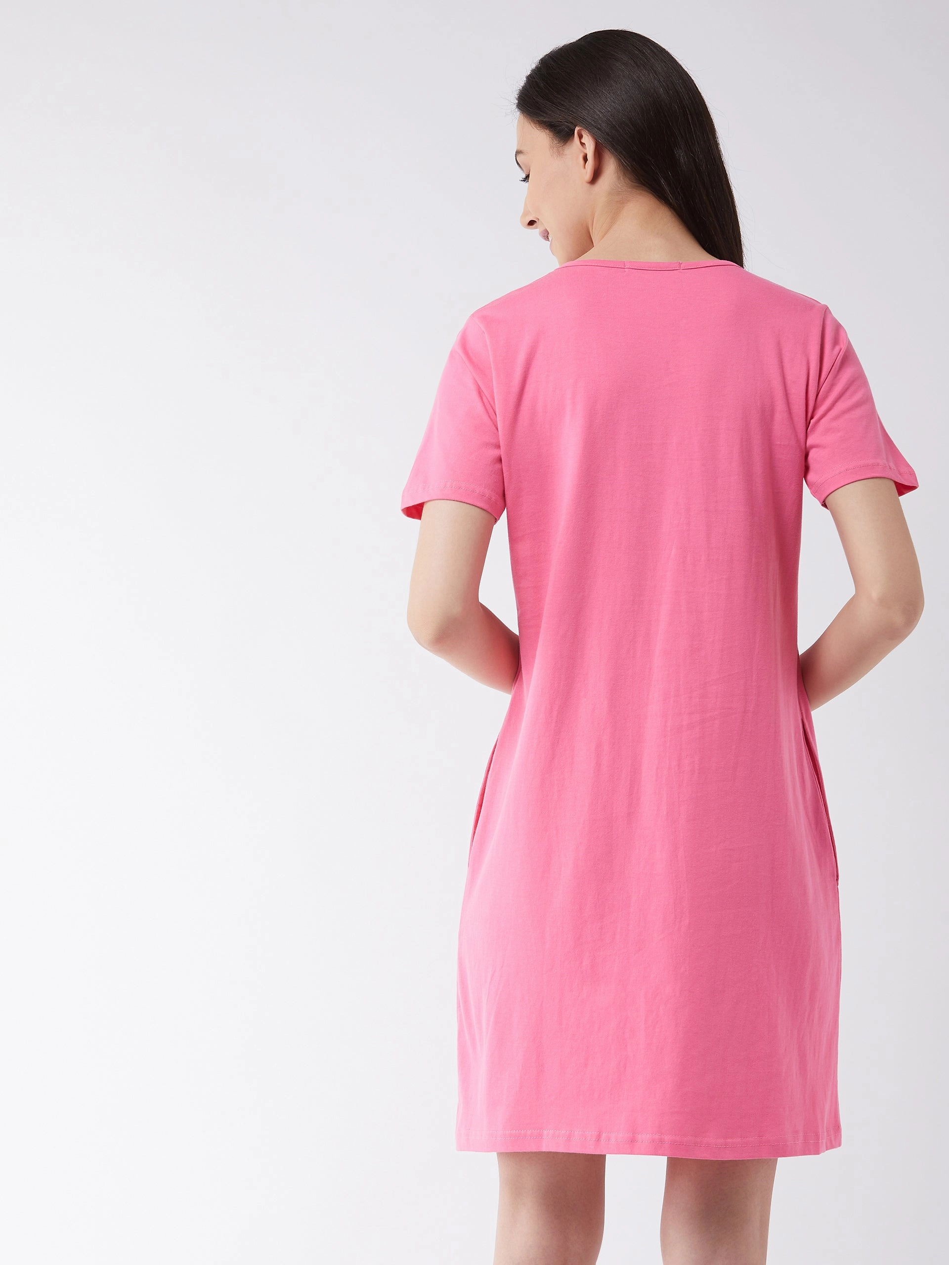 Women's Pink Knee Length Short Sleeves V-Neck Printed Dress Neutral Form