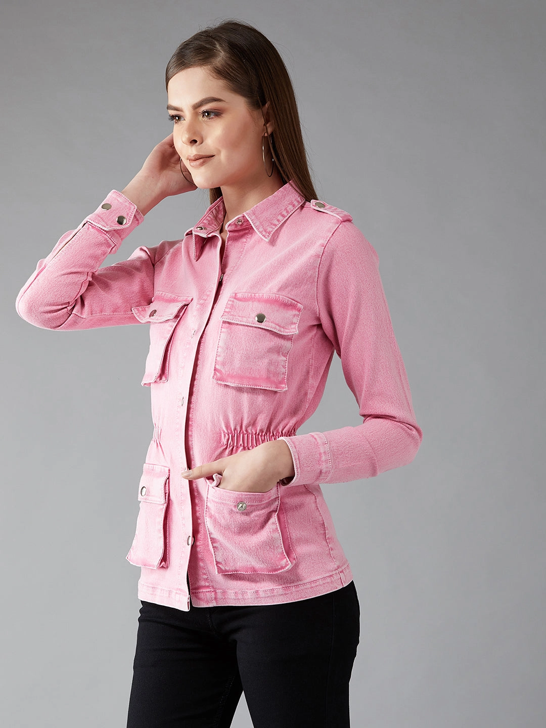 Street Comfort Water resistant coating Women's Pink Polo Neck Full Sleeves Denim Solid Regular Length Jacket