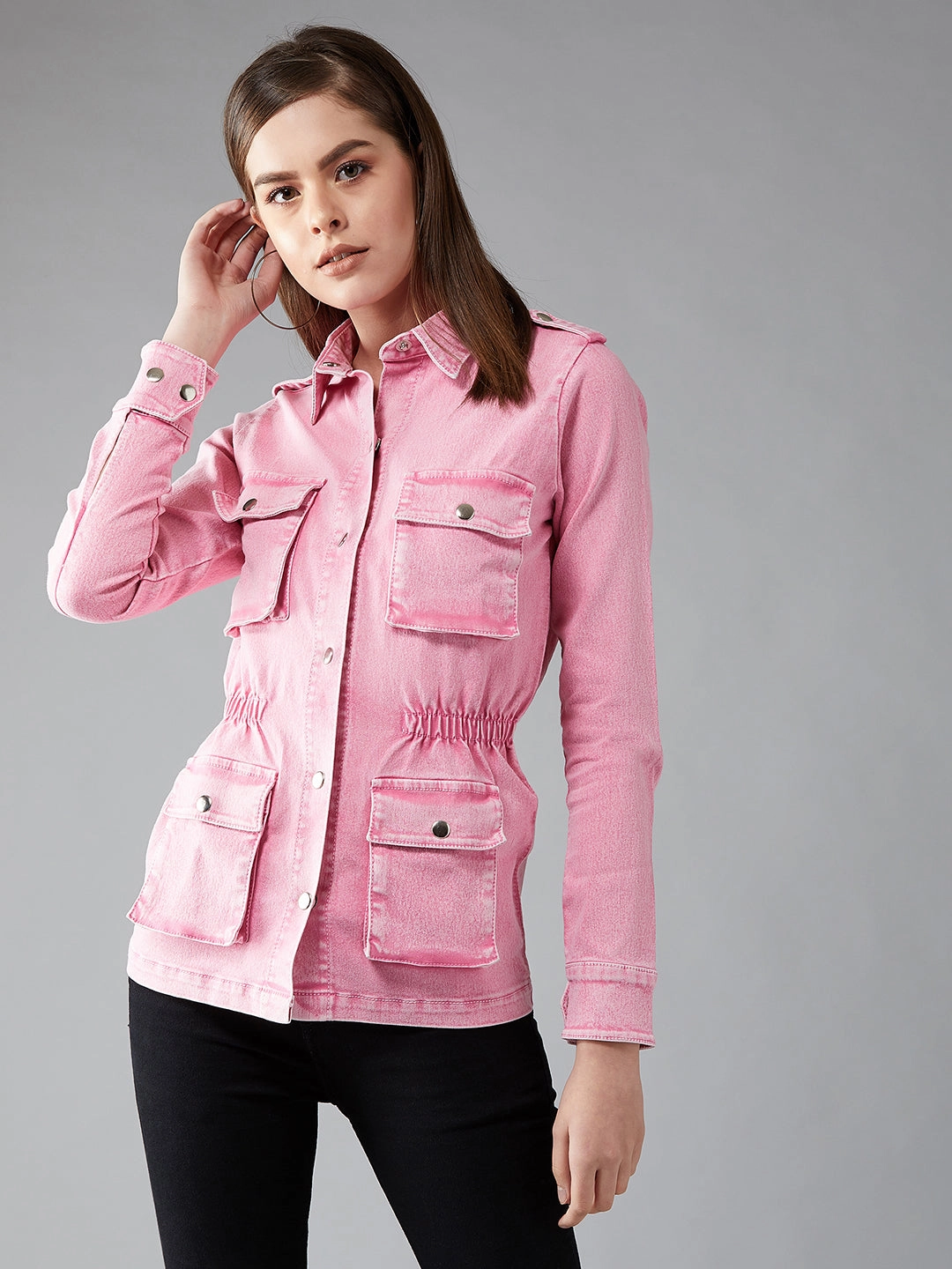 Women's Pink Polo Neck Full Sleeves Denim Solid Regular Length Jacket UV Protection Finish Abrasion resistant