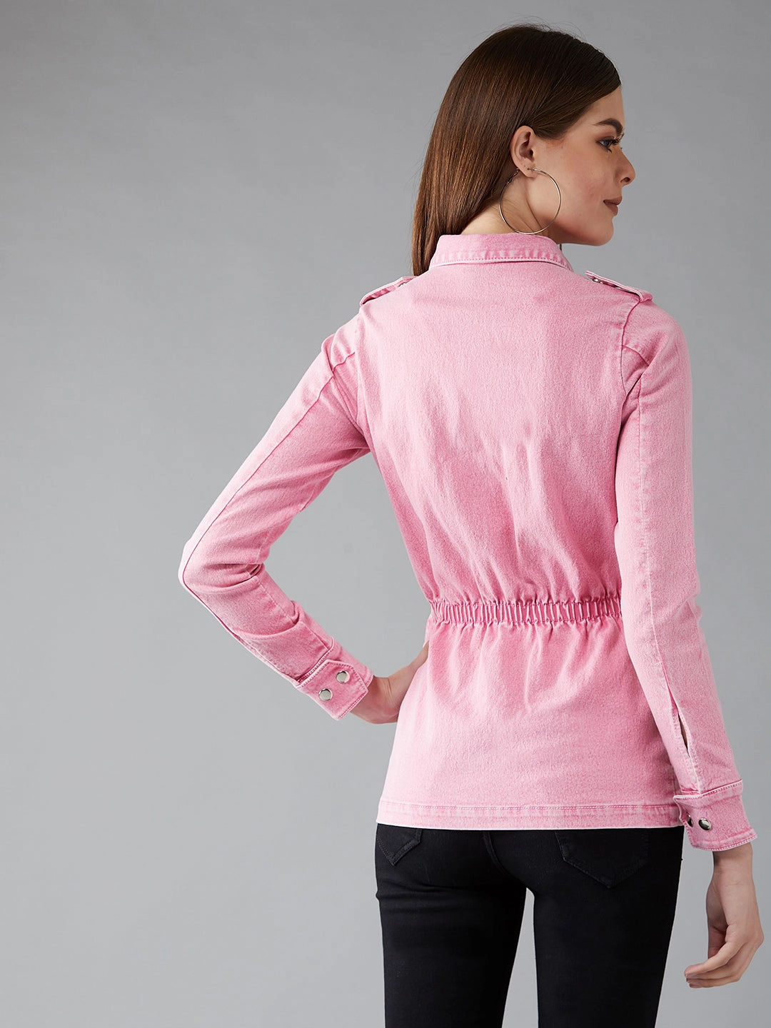 UV protection layer Double Layer Protection Women's Pink Polo Neck Full Sleeves Denim Solid Regular Length Jacket
