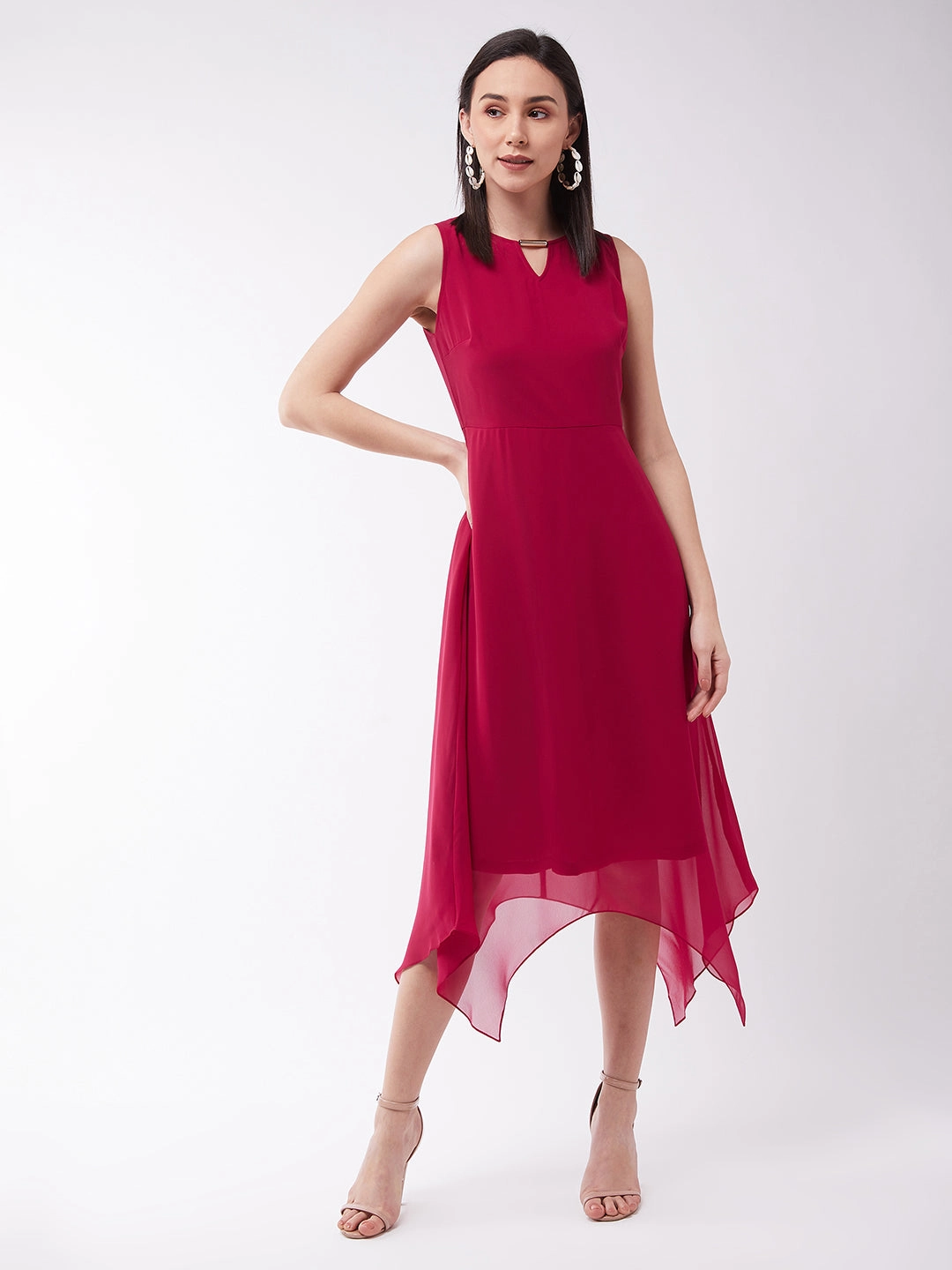 Trendy Wearable Form Flow Women's Pink Solid Georgette Regular Fit Round Neck Sleeveless Crop Length Dress