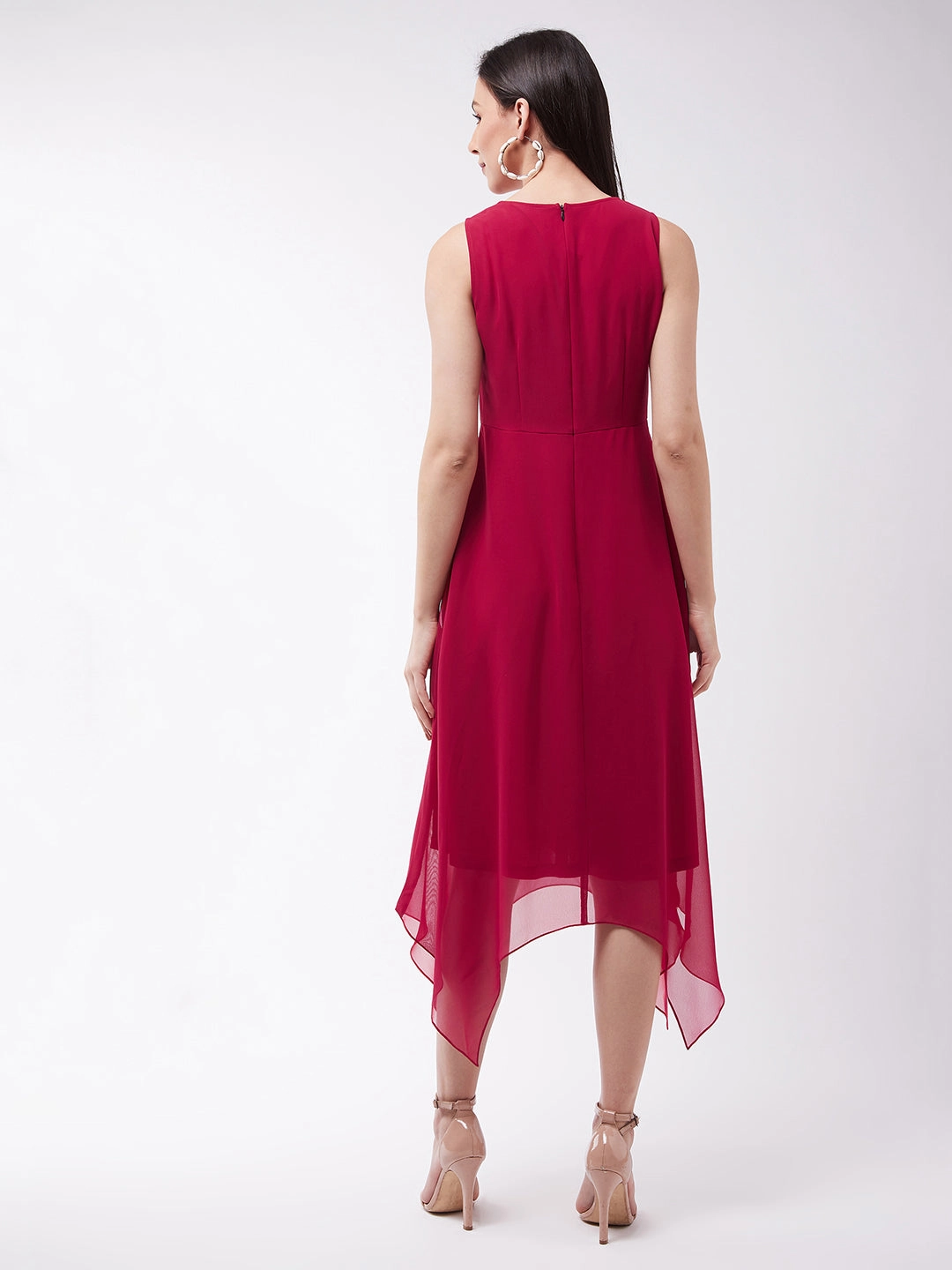 Women's Pink Solid Georgette Regular Fit Round Neck Sleeveless Crop Length Dress Chic boho dress