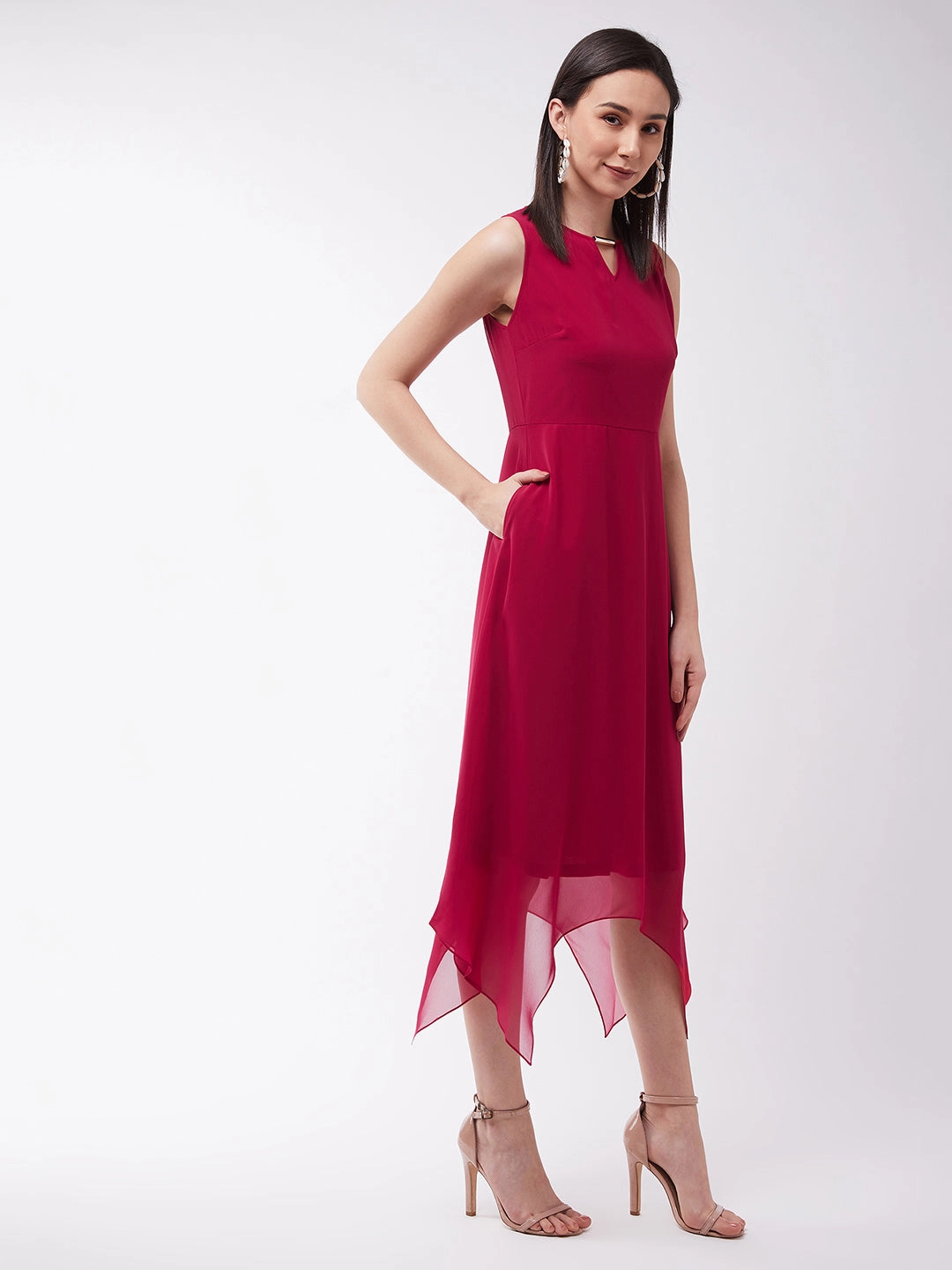 Women's Pink Solid Georgette Regular Fit Round Neck Sleeveless Crop Length Dress Dreamy Drape Comfy Shape