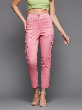 Women's Pink Solid Polyester High-Waist Regular Length Trousers Flatlock Seams