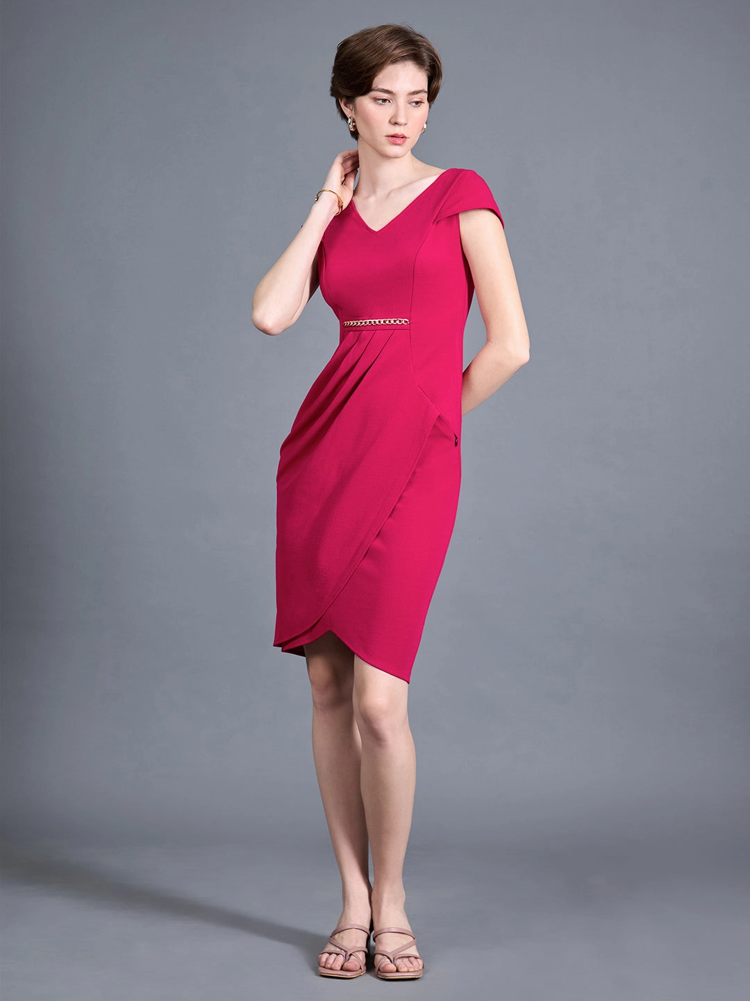 Women's Pink Solid V Neck Cap Sleeves Polyester Side Pocketed Knee Long Dress Smooth Look