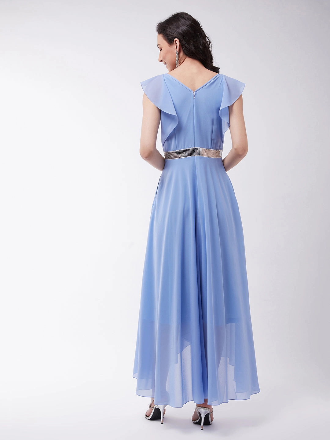 Women's Powder Blue V-Neck Ruffled Sleeve Silver Sequined Party Maxi Dress Form Fitting Slimming Shape