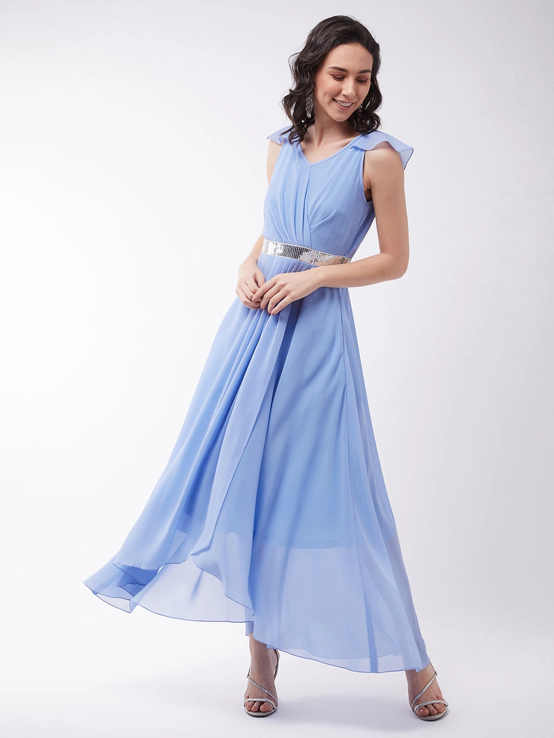 Women's Powder Blue V-Neck Ruffled Sleeve Silver Sequined Party Maxi Dress plus-size Chic casual
