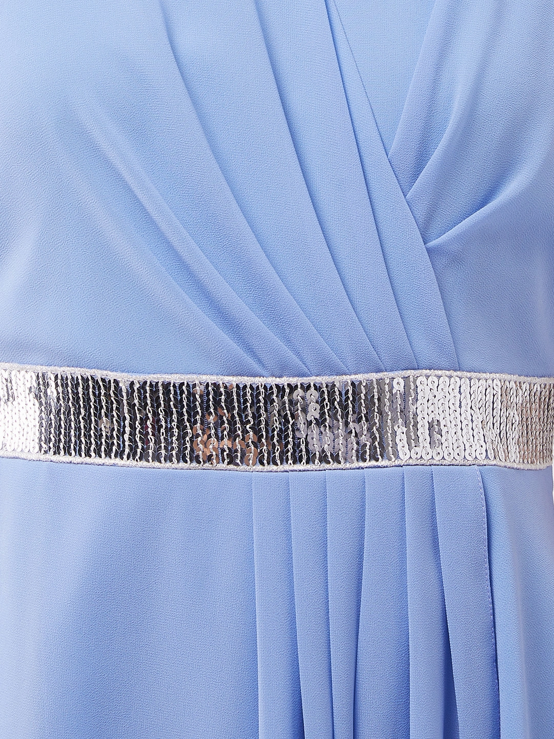 Fit Vibe Women's Powder Blue V-Neck Ruffled Sleeve Silver Sequined Party Maxi Dress