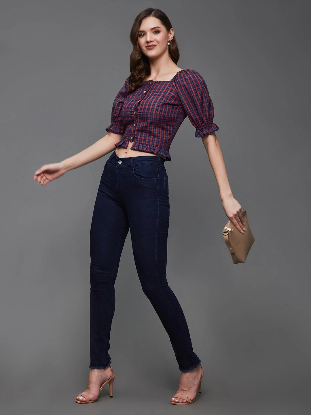 BondedShoulder MultiPanelBreathability Women's Red and Blue Checkered Square Neck Puff Sleeves Polyester Ruffled Short Top