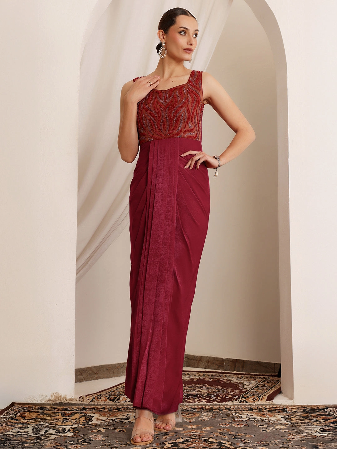 Pure Piece Women's Red Sweetheart Sleeveless Embroidered Pleated Satin Maxi Dress
