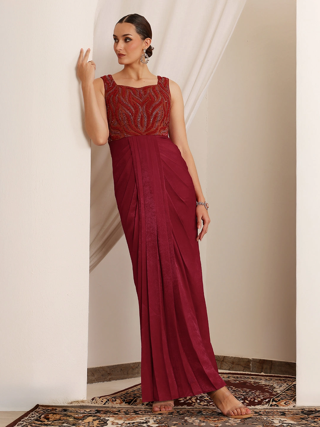 Women's Red Sweetheart Sleeveless Embroidered Pleated Satin Maxi Dress Silky Mood Earthy Hue