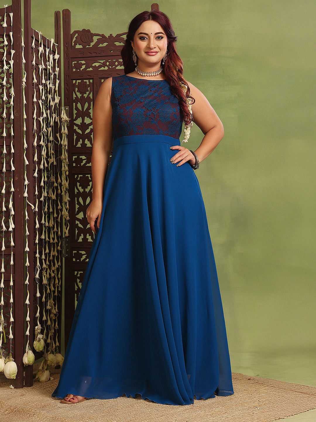 Relaxed Waist Fit Women's Royal Blue Sleeveless Georgette Floral Lace Fit & Flare Maxi Dress