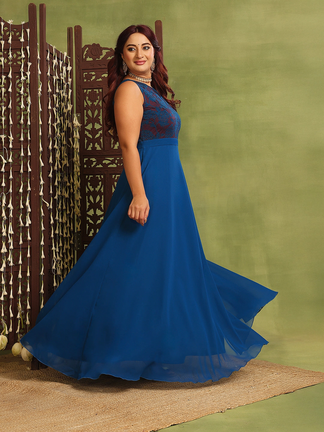 Feminine Tailoring Chic Direction Women's Royal Blue Sleeveless Georgette Floral Lace Fit & Flare Maxi Dress