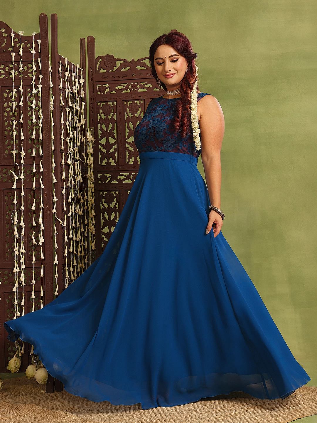 Flattering Cut Women's Royal Blue Sleeveless Georgette Floral Lace Fit & Flare Maxi Dress