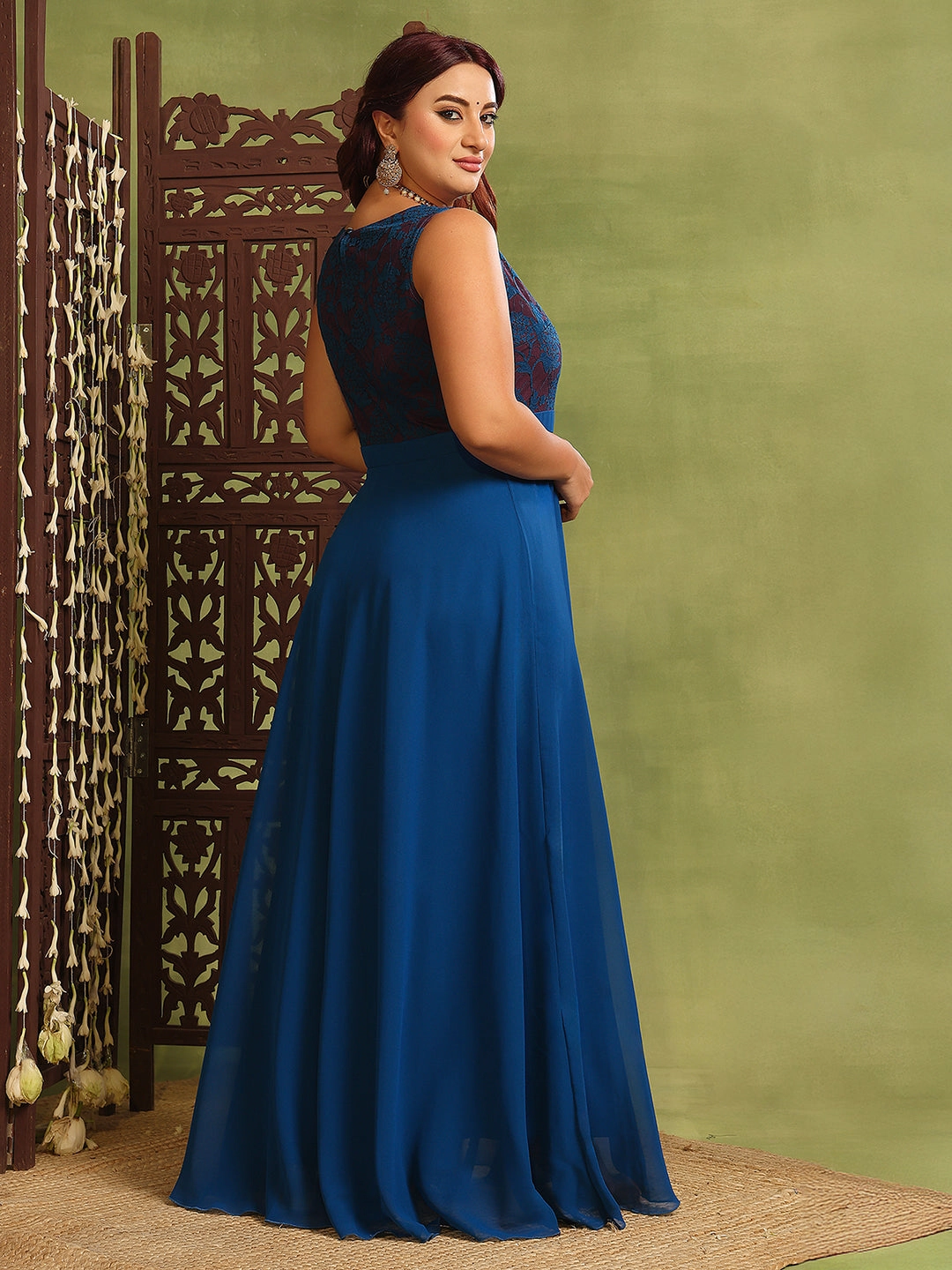 Women's Royal Blue Sleeveless Georgette Floral Lace Fit & Flare Maxi Dress Urban Touch