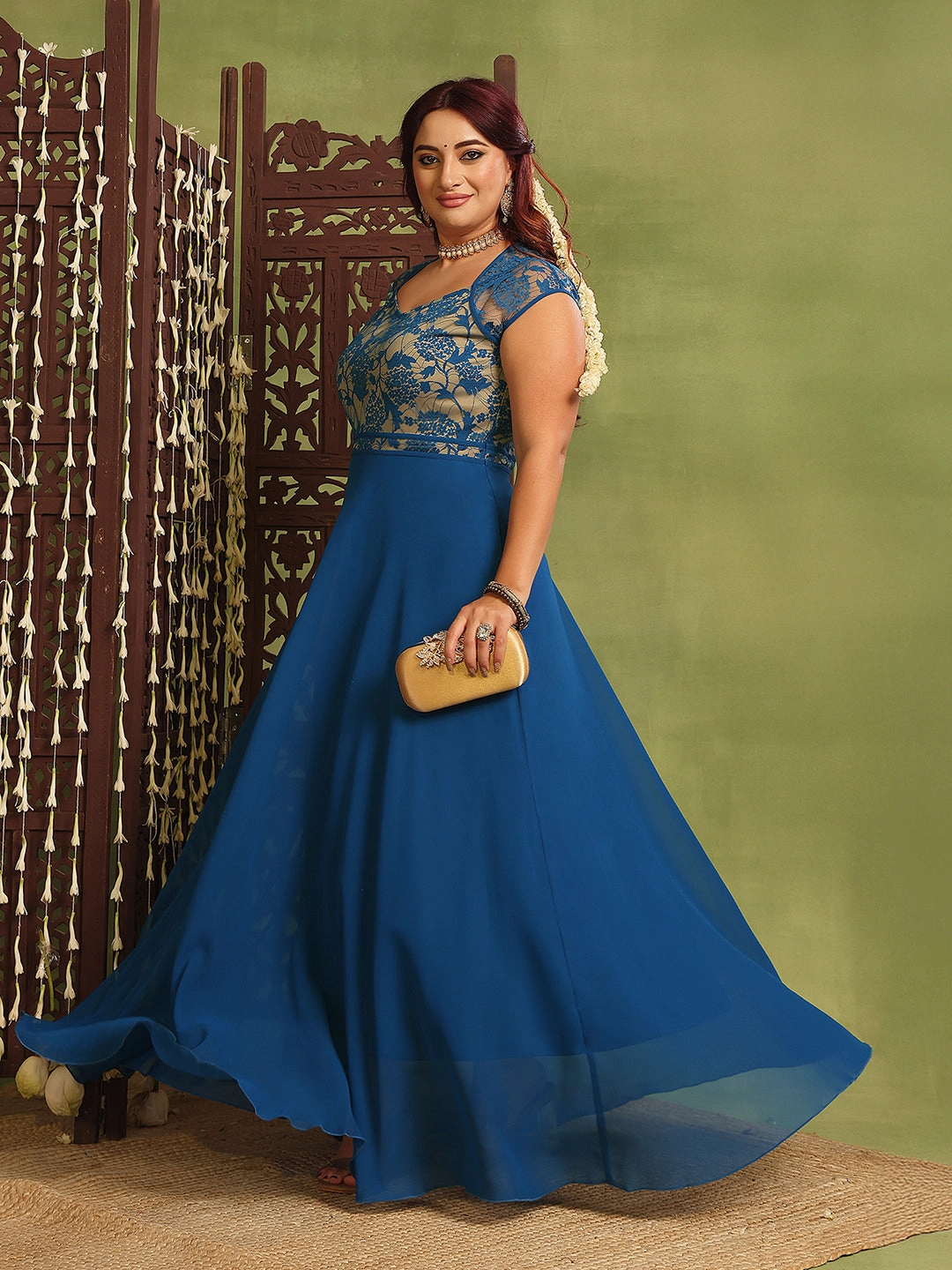 Bright Bloom Eye Appeal Women's Royal Blue Sweet-Heart Neck Cap-Sleeve Floral Fit & Flare Georgette Maxi Dress