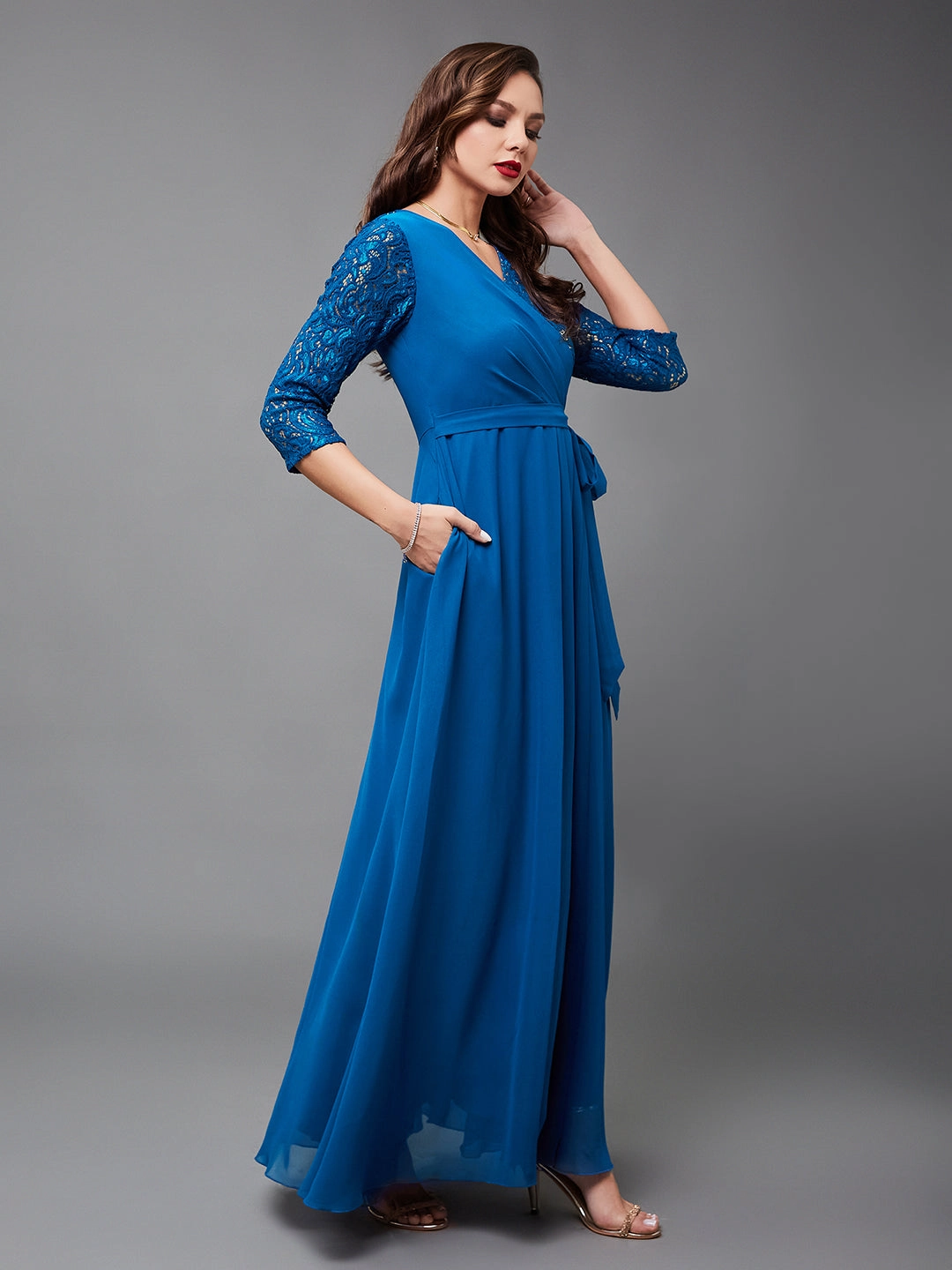 Smooth Design Tall Girl Women's Royal Blue V-Neck 3/4 Sleeve Self-Designed Wrap-Styled Georgette Maxi Dress