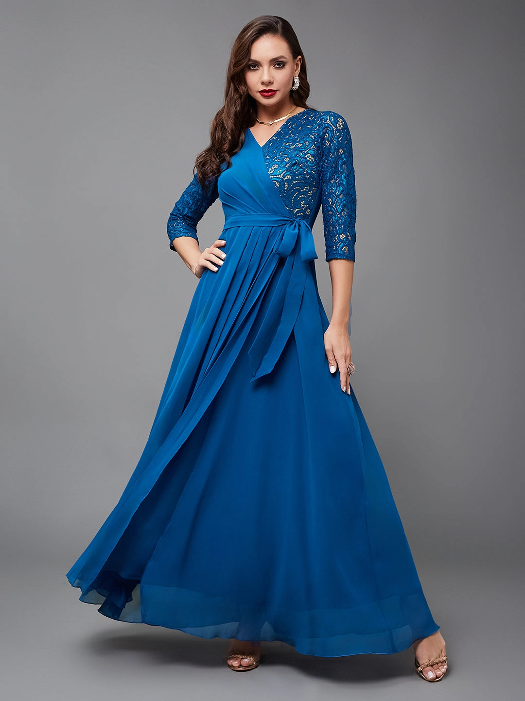 Sophisticated Layers Women's Royal Blue V-Neck 3/4 Sleeve Self-Designed Wrap-Styled Georgette Maxi Dress