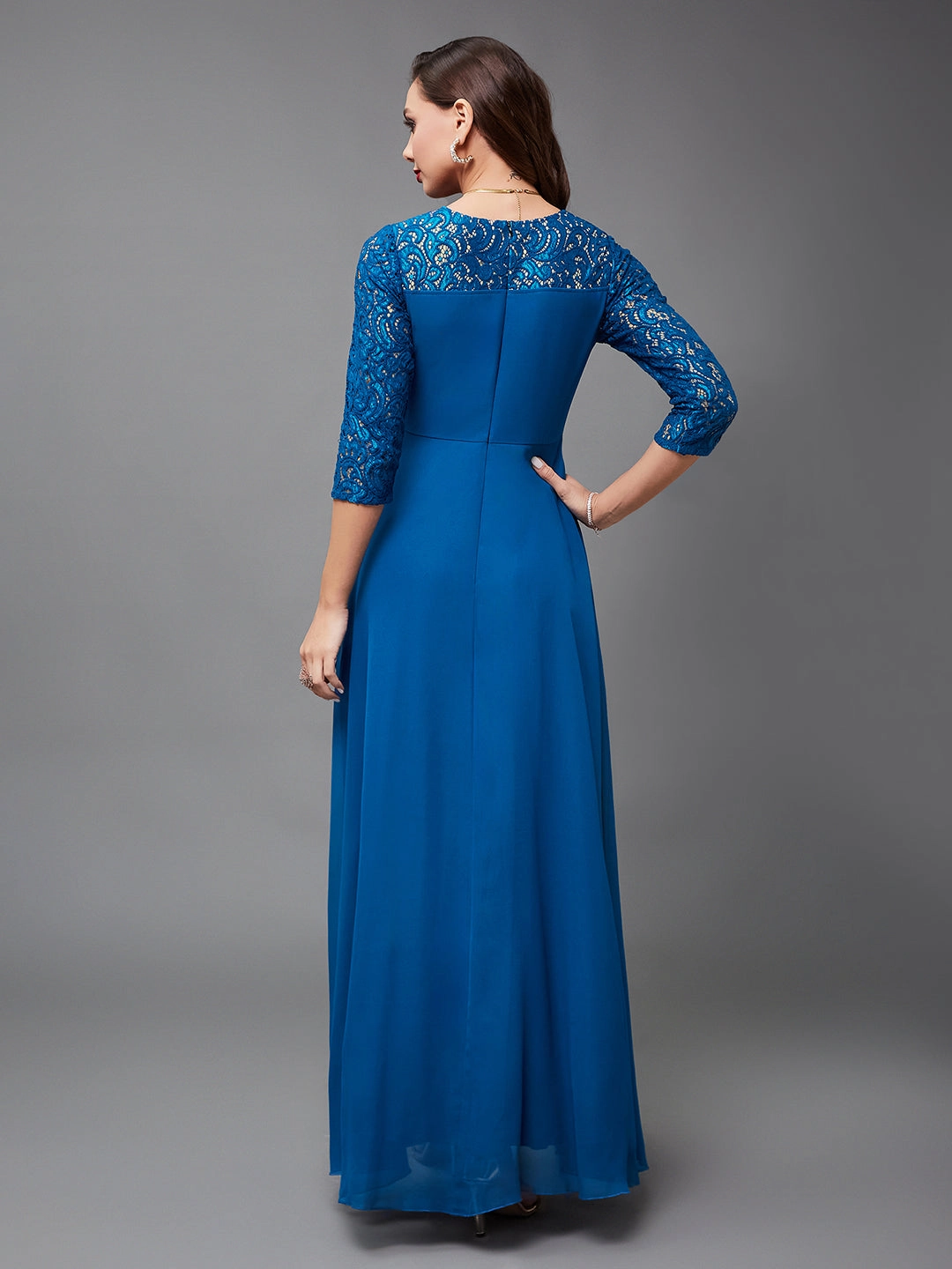 Flower Grace relaxed shape Women's Royal Blue V-Neck 3/4 Sleeve Self-Designed Wrap-Styled Georgette Maxi Dress