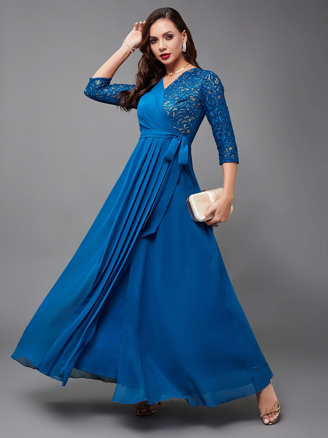 Women's Royal Blue V-Neck 3/4 Sleeve Self-Designed Wrap-Styled Georgette Maxi Dress Tailored Style