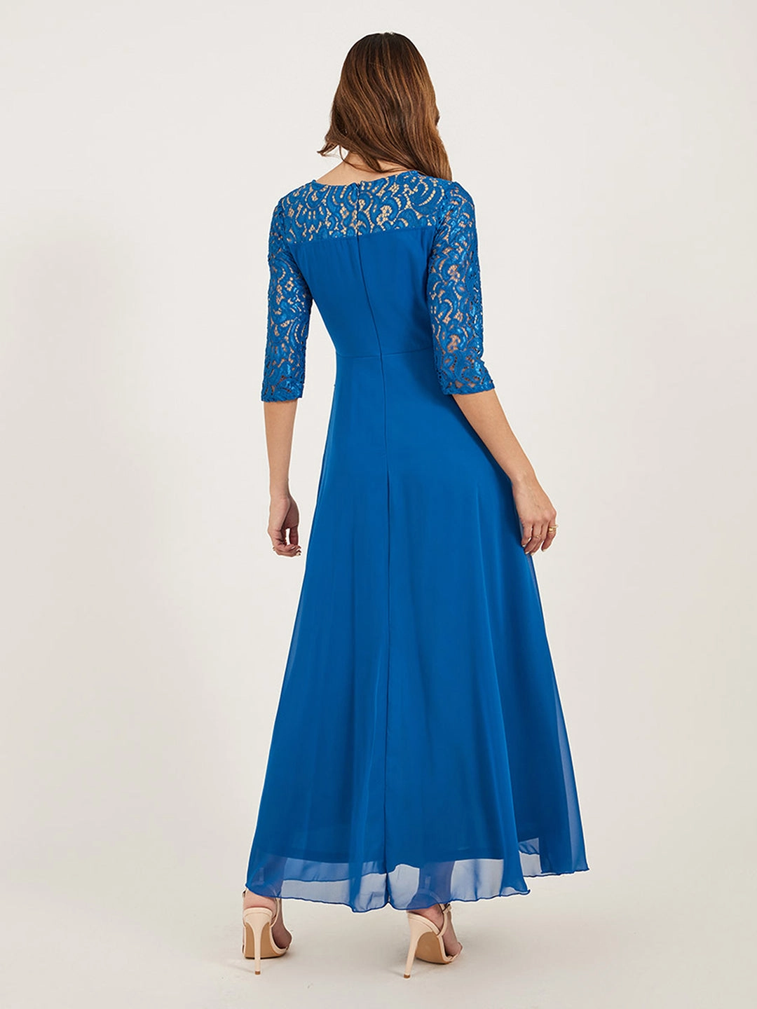 Daily Ready Women's Royal Blue V-Neck 3/4 Sleeve Self-Designed Wrap-Styled Georgette Maxi Dress