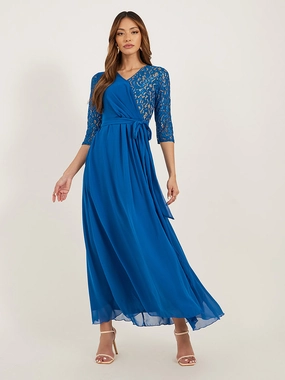 Women's Royal Blue V-Neck 3/4 Sleeve Self-Designed Wrap-Styled Georgette Maxi Dress Cool Motion