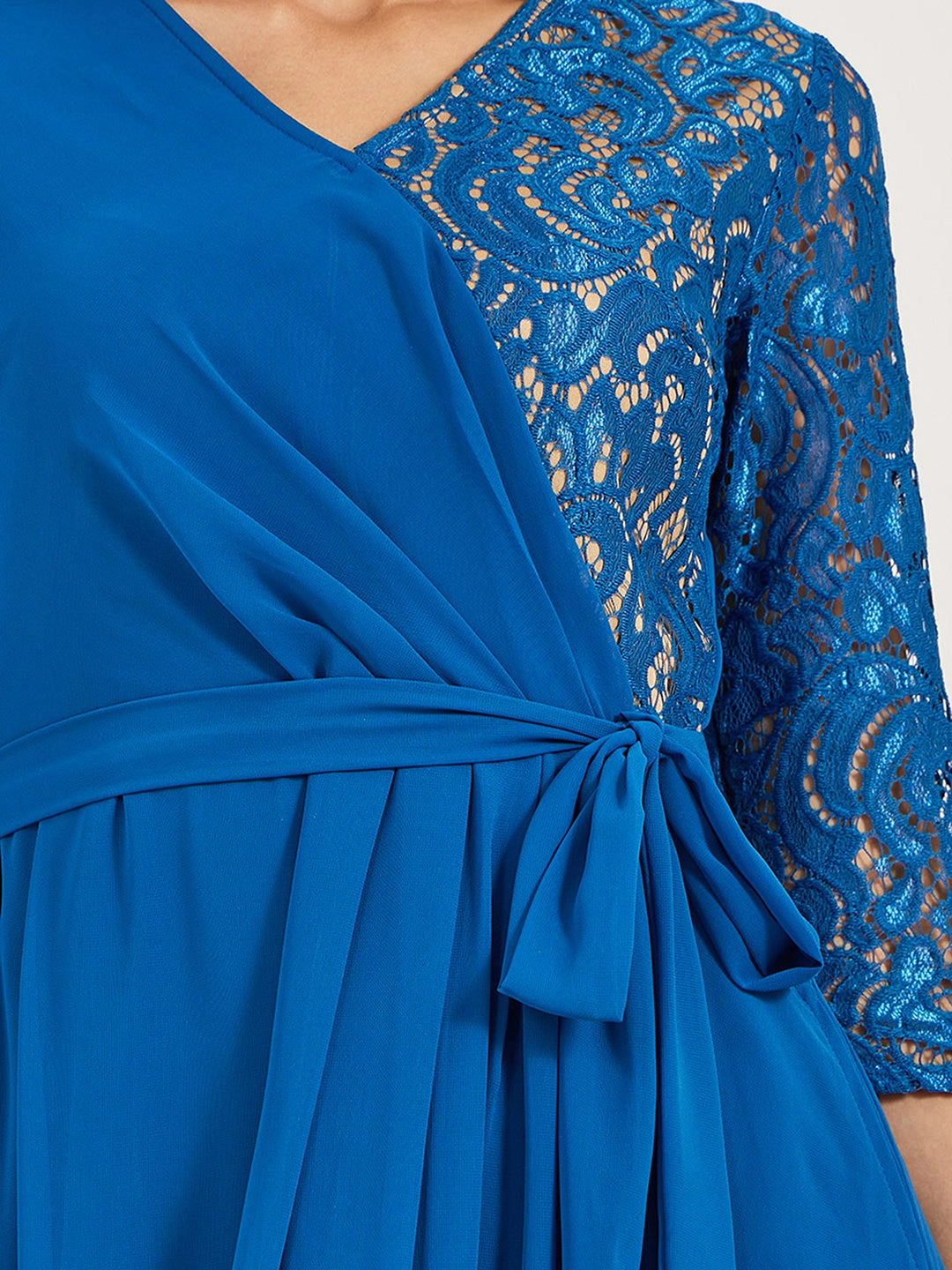 Women's Royal Blue V-Neck 3/4 Sleeve Self-Designed Wrap-Styled Georgette Maxi Dress Playful-Detail