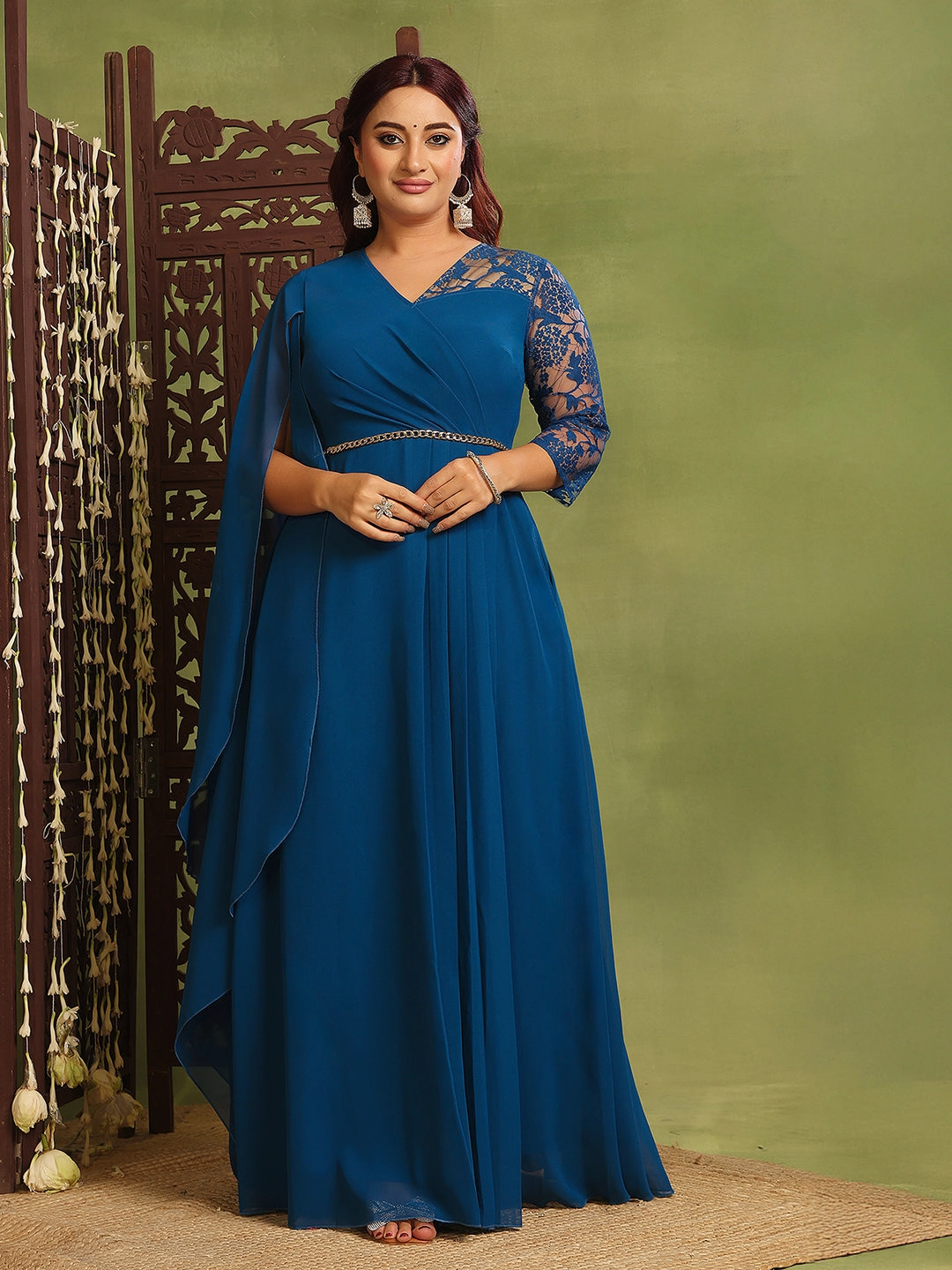 Women's Royal Blue V-Neck Asymmetric Embellished Maxi Georgette Dress Feminine off-the-shoulder gown
