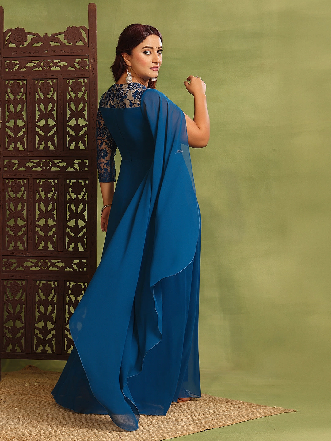 Women's Royal Blue V-Neck Asymmetric Embellished Maxi Georgette Dress Sharp Profile