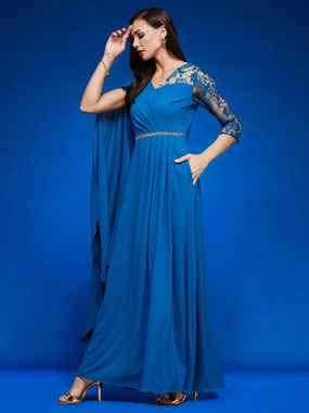Women's Royal Blue V-Neck Asymmetric Embellished Maxi Georgette Dress Cloud Light Fitted Shape