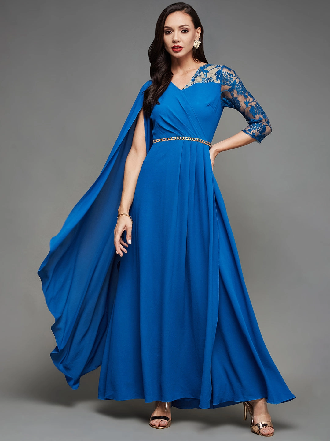 Perfect Design Premium Quality Women's Royal Blue V-Neck Asymmetric Embellished Maxi Georgette Dress