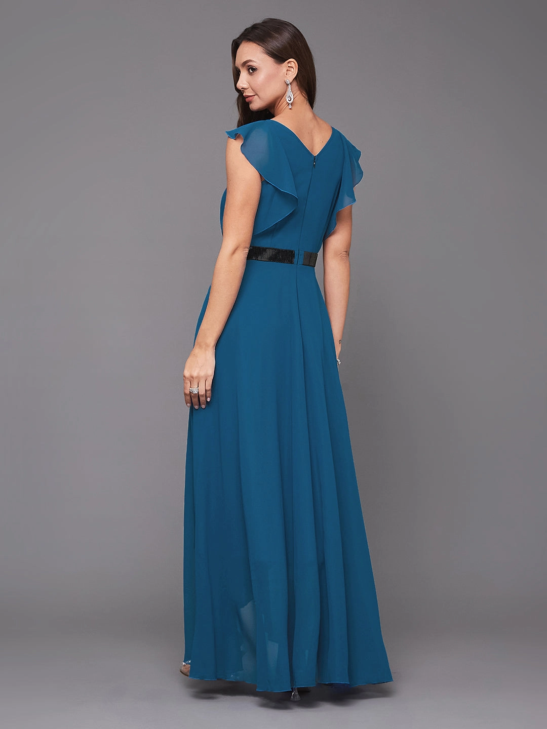 Minimalist Layering Women's Royal Blue V-Neck Ruffled Sleeve Solid Sequined Party Maxi Dress