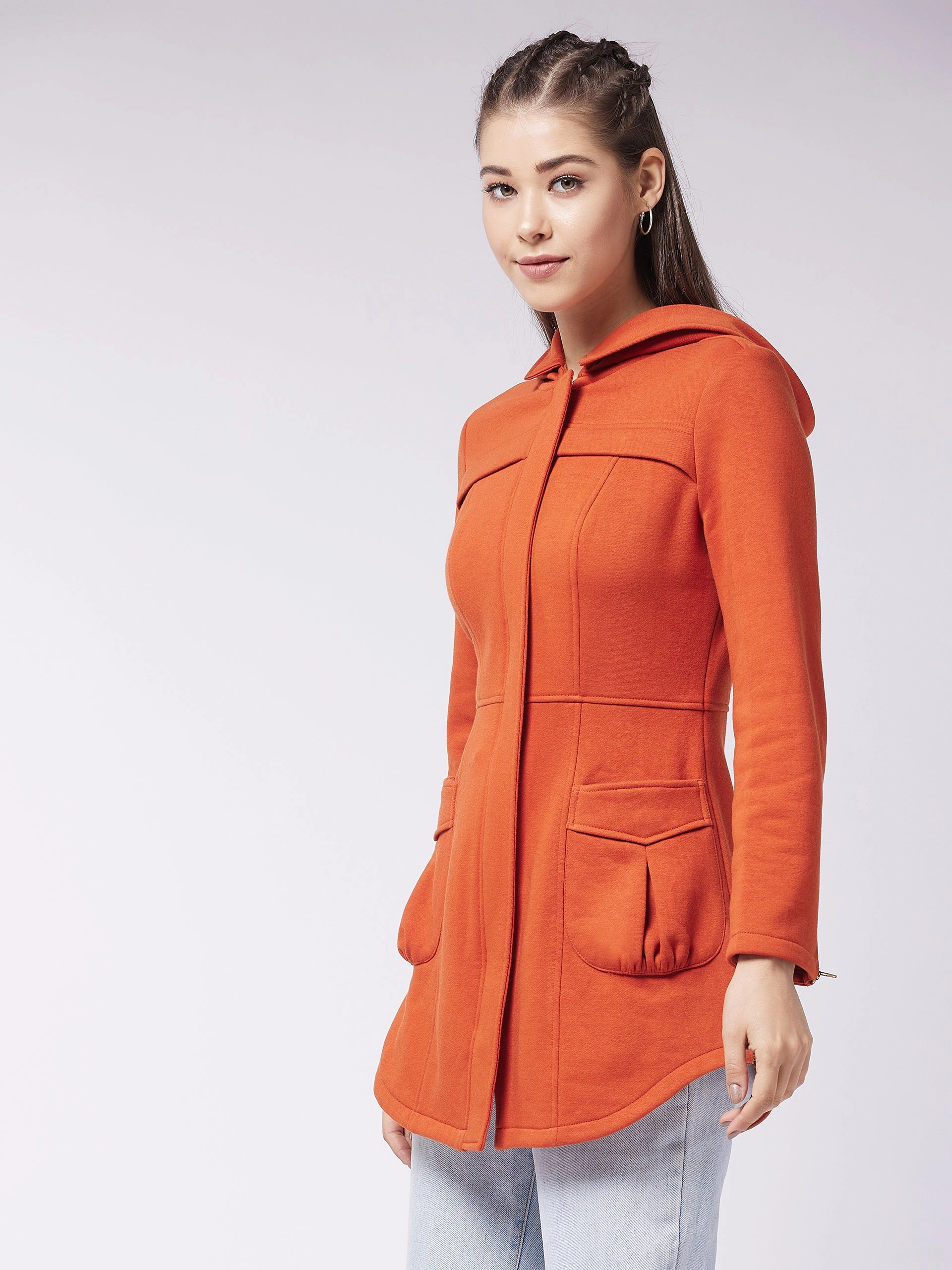 Abrasion Resistant Panels Water Resistant Fabric Women's Rust Hooded Full Sleeve Solid Longline Jacket