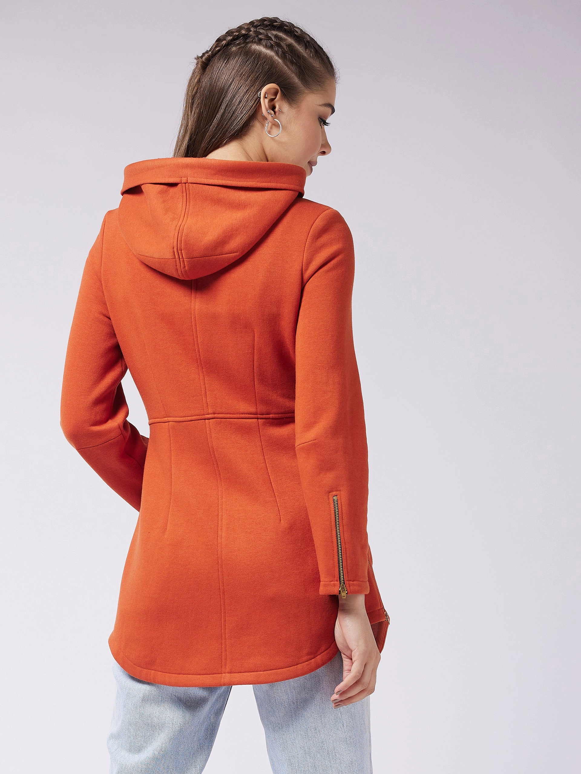 Women's Rust Hooded Full Sleeve Solid Longline Jacket Cold Weather