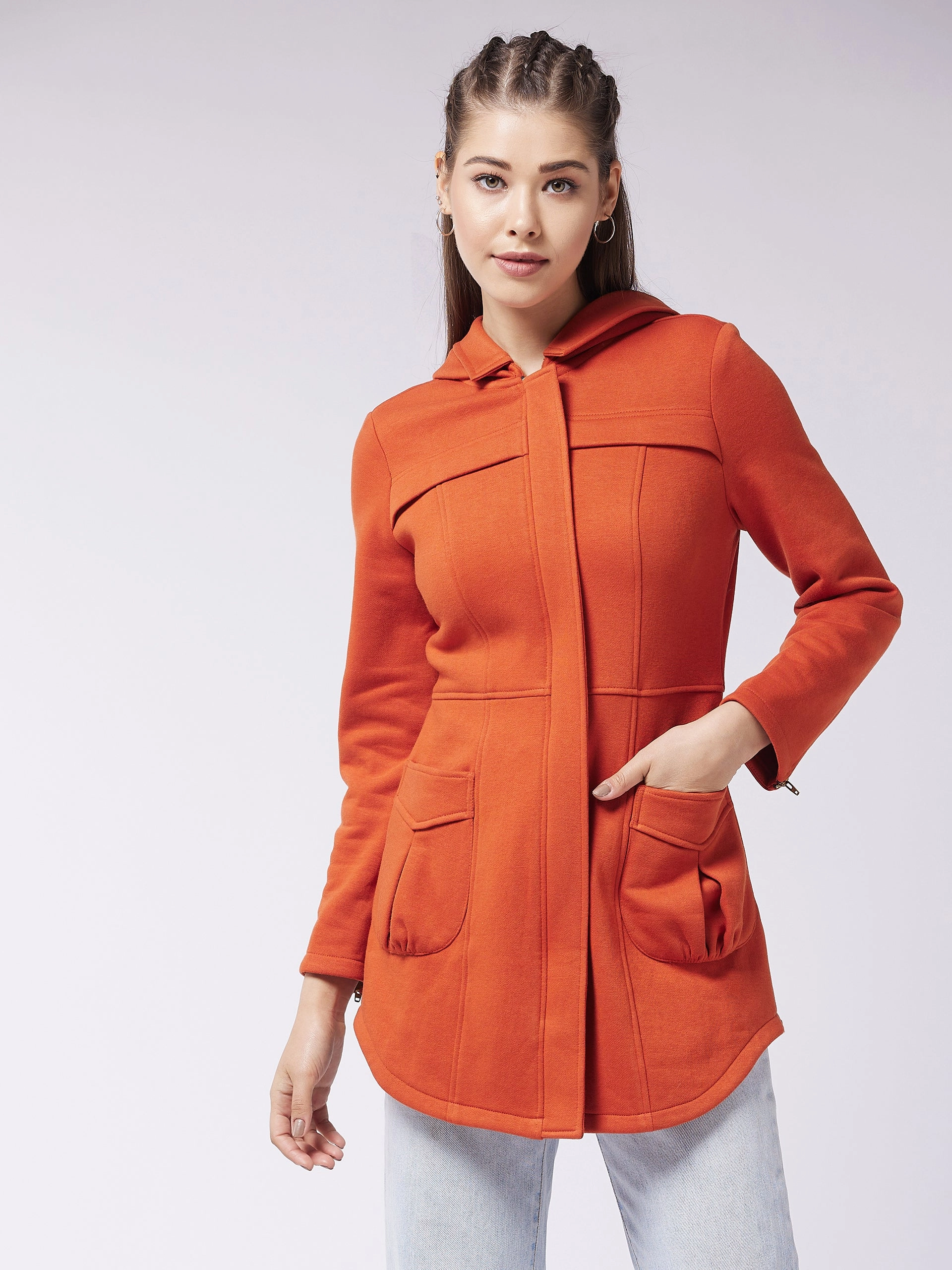 Women's Rust Hooded Full Sleeve Solid Longline Jacket Breathable Outer Shell Mid Season Wear