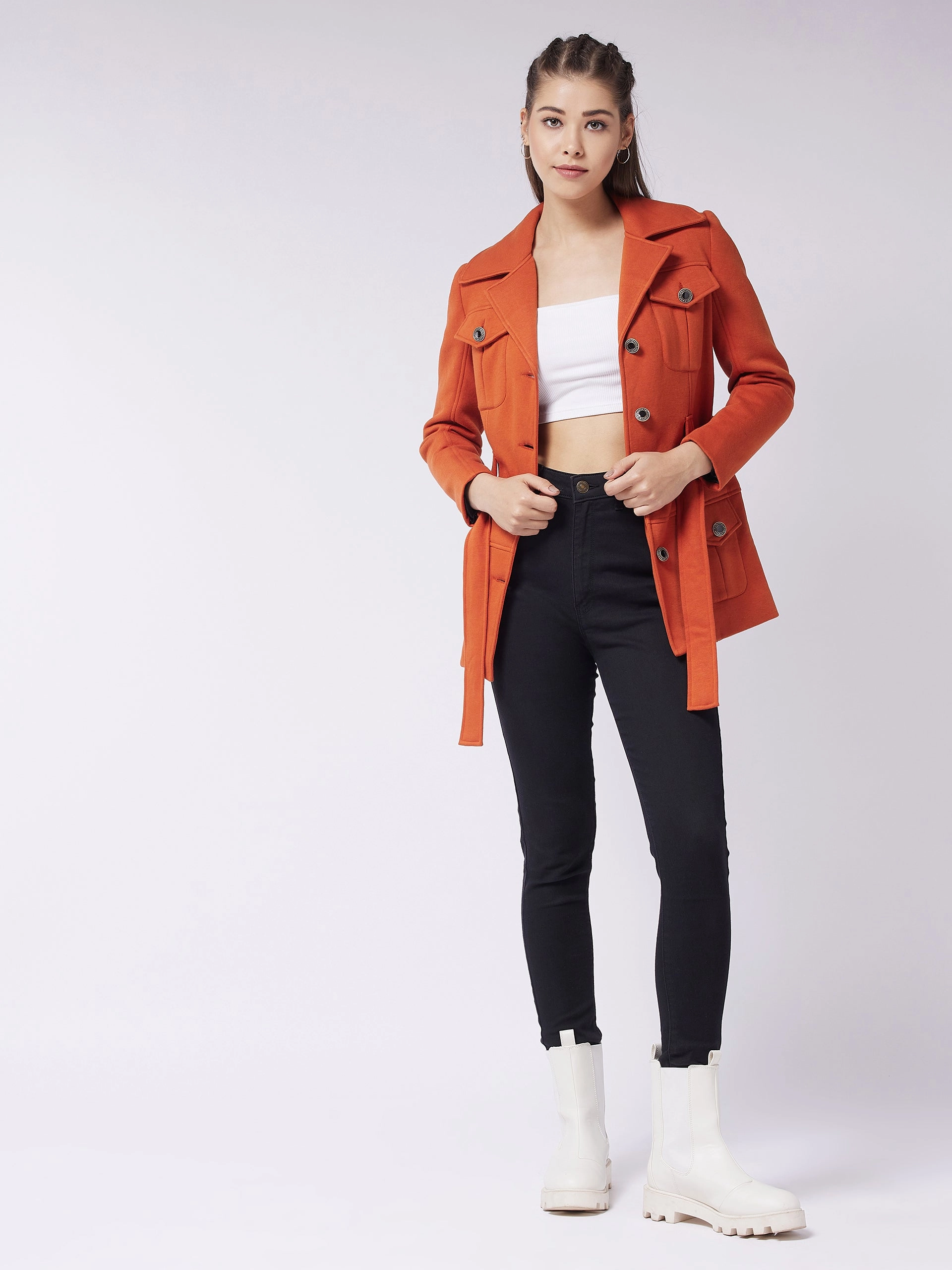 High End Look Thermo Regulating Fabric Women's Rust Notch Collar Full Sleeve Solid Safari Longline Jacket