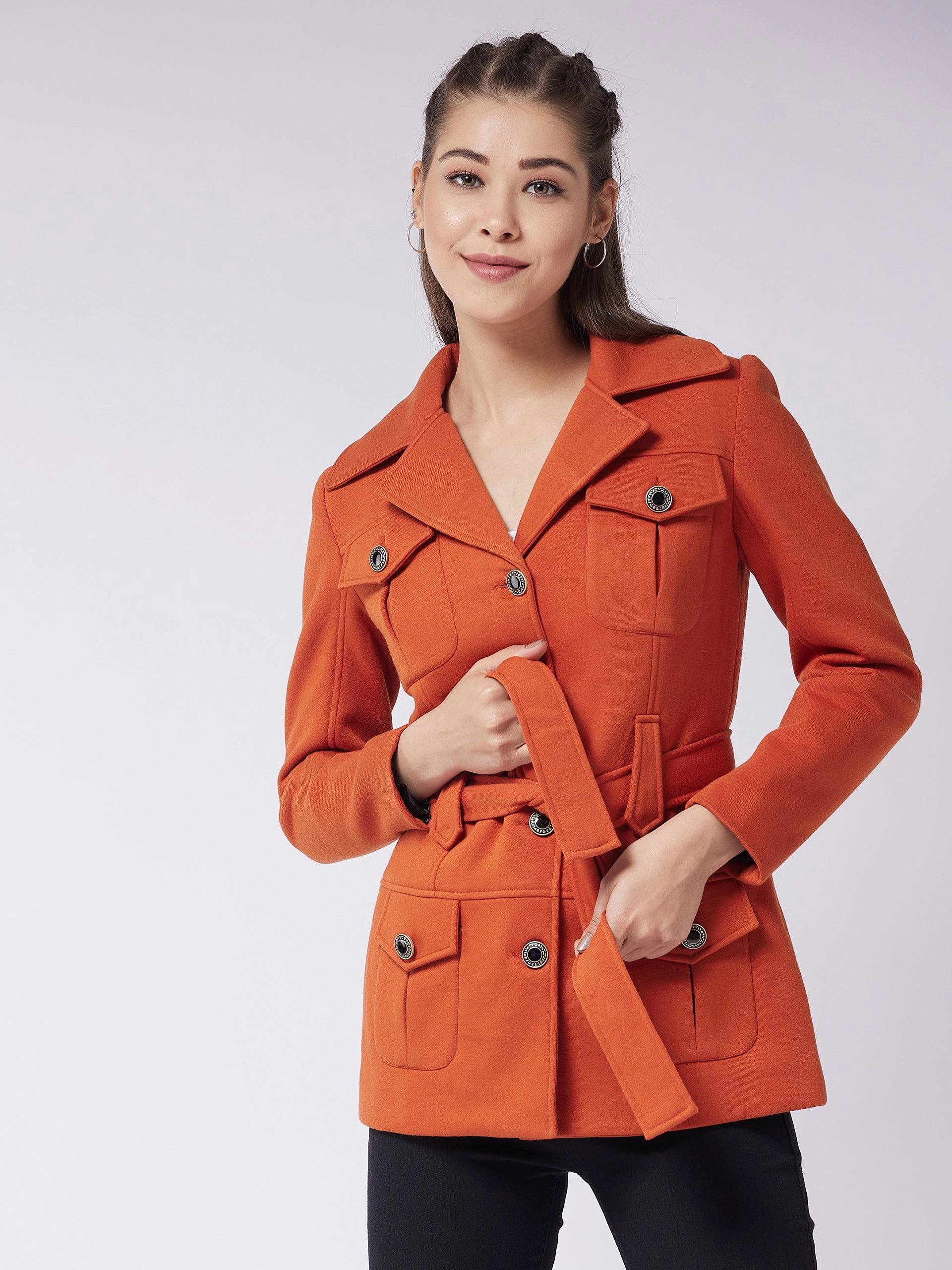 Women's Rust Notch Collar Full Sleeve Solid Safari Longline Jacket RubberizedTrim