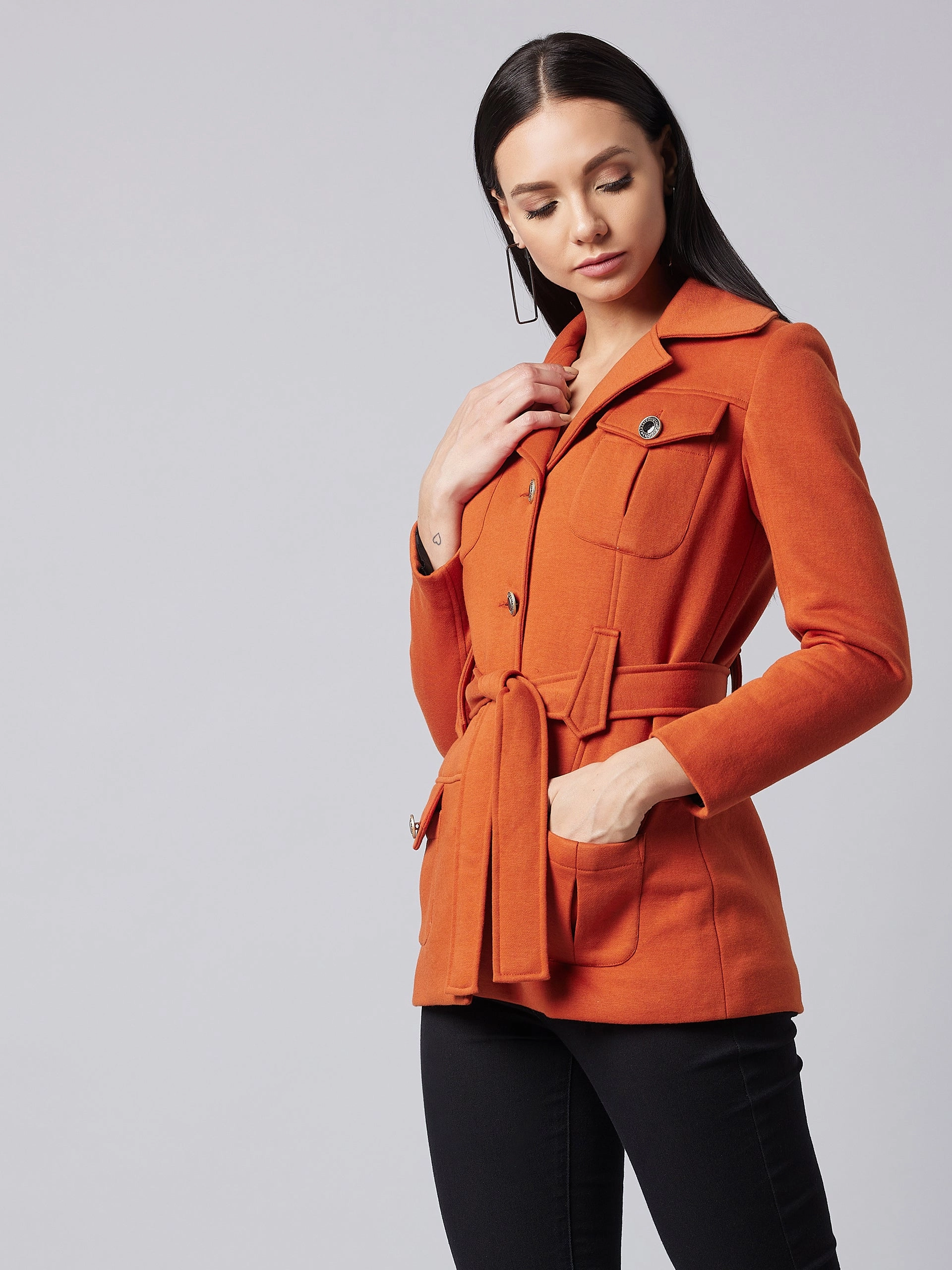 stain resistant coating Heat Retention Women's Rust Notch Collar Full Sleeve Solid Safari Longline Jacket