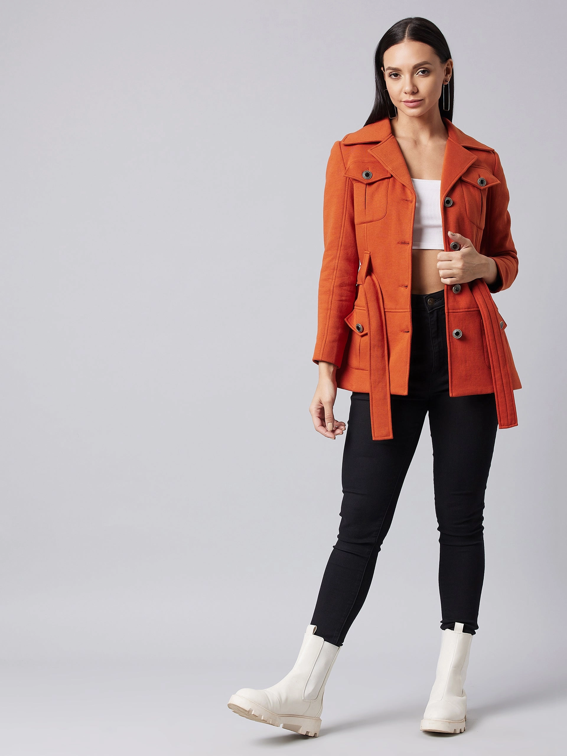 Women's Rust Notch Collar Full Sleeve Solid Safari Longline Jacket Wrinkle Free Fabric Shrink resistant