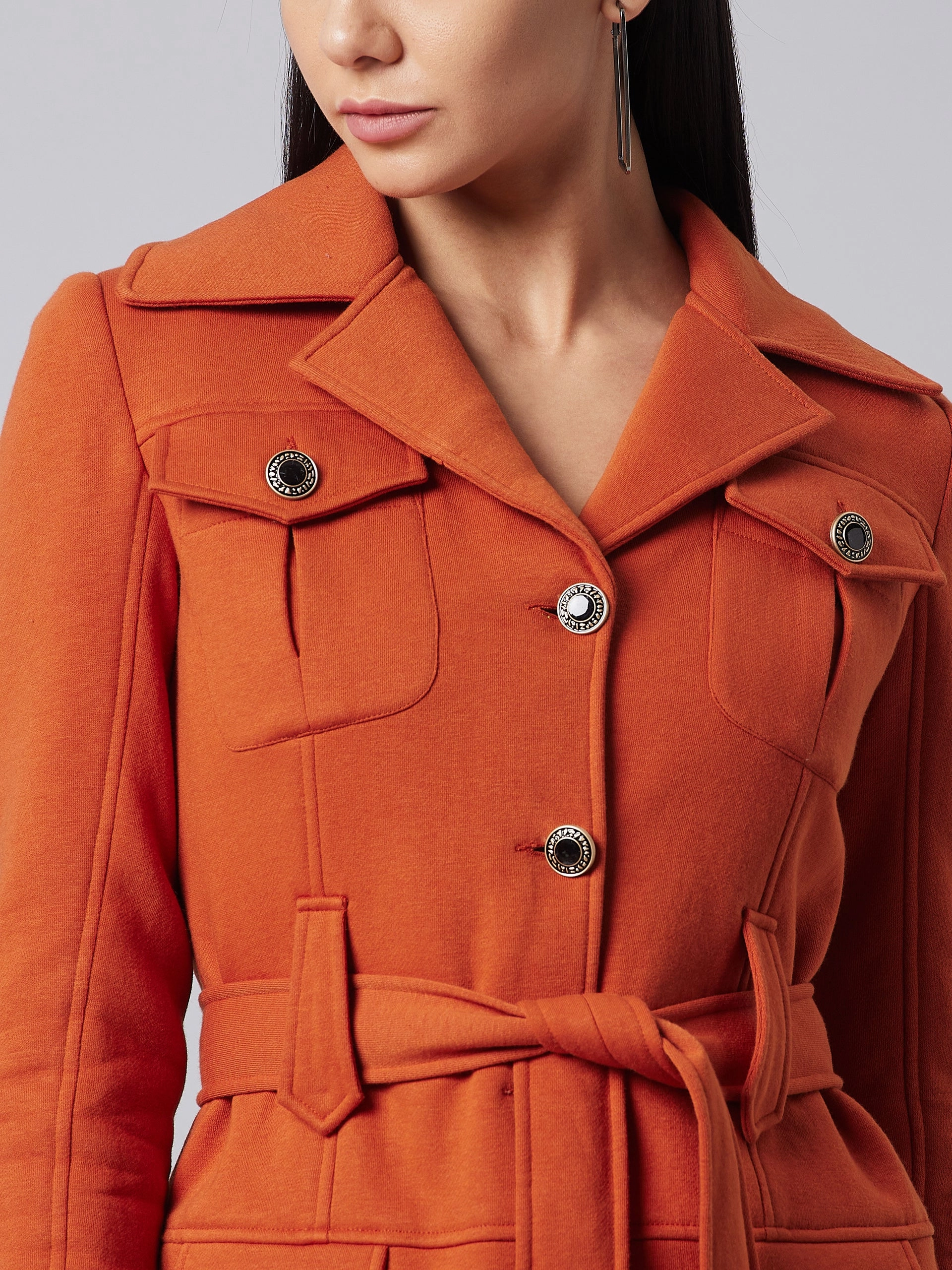 Women's Rust Notch Collar Full Sleeve Solid Safari Longline Jacket Enhanced Edge Binding Thermal Regulation System